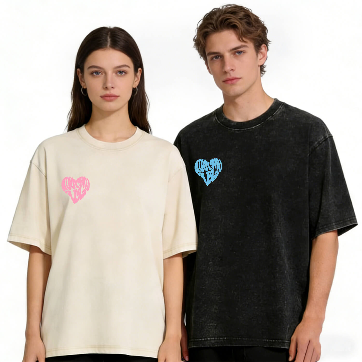 T-Shirt mit Herz-Graffiti-Print und Waschung P T369