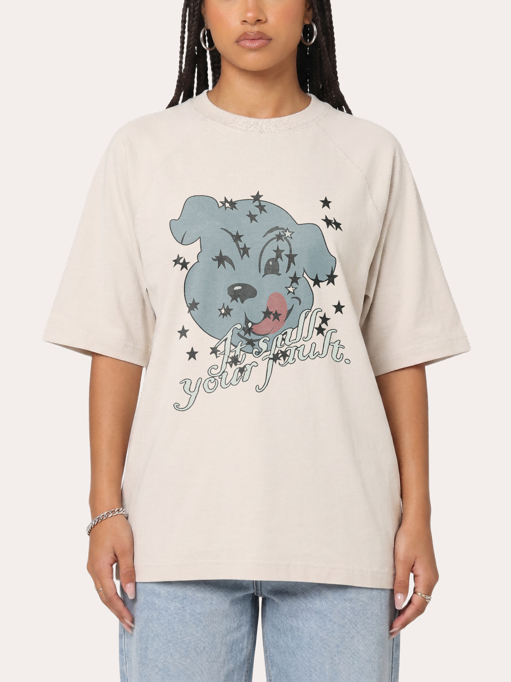 Vintage-T-Shirt im Used-Look mit „It's All Your Fault“-Motiv und Hunde-Grafik (Waschung)