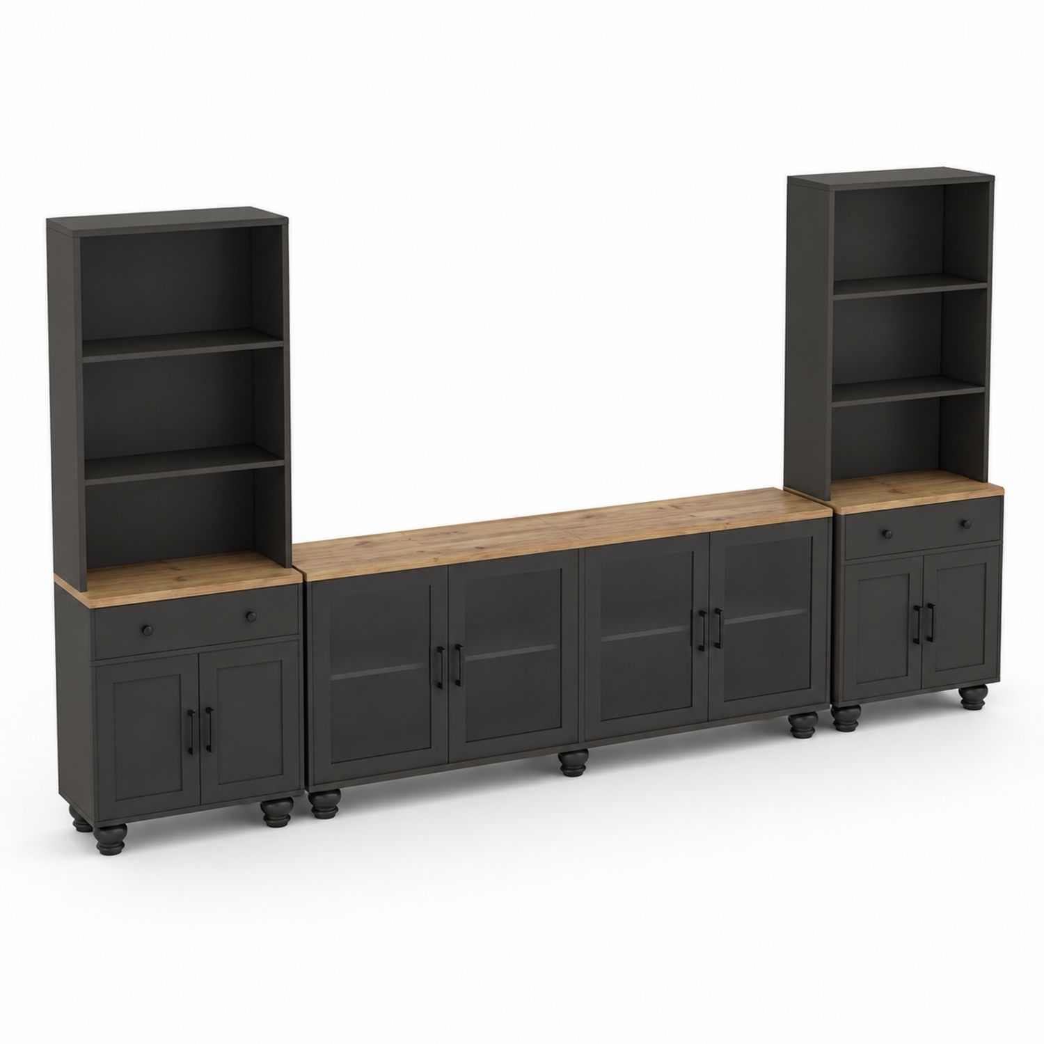 Holz-Metall-Schrankwand in Schwarz und Naturholzoptik 320cm