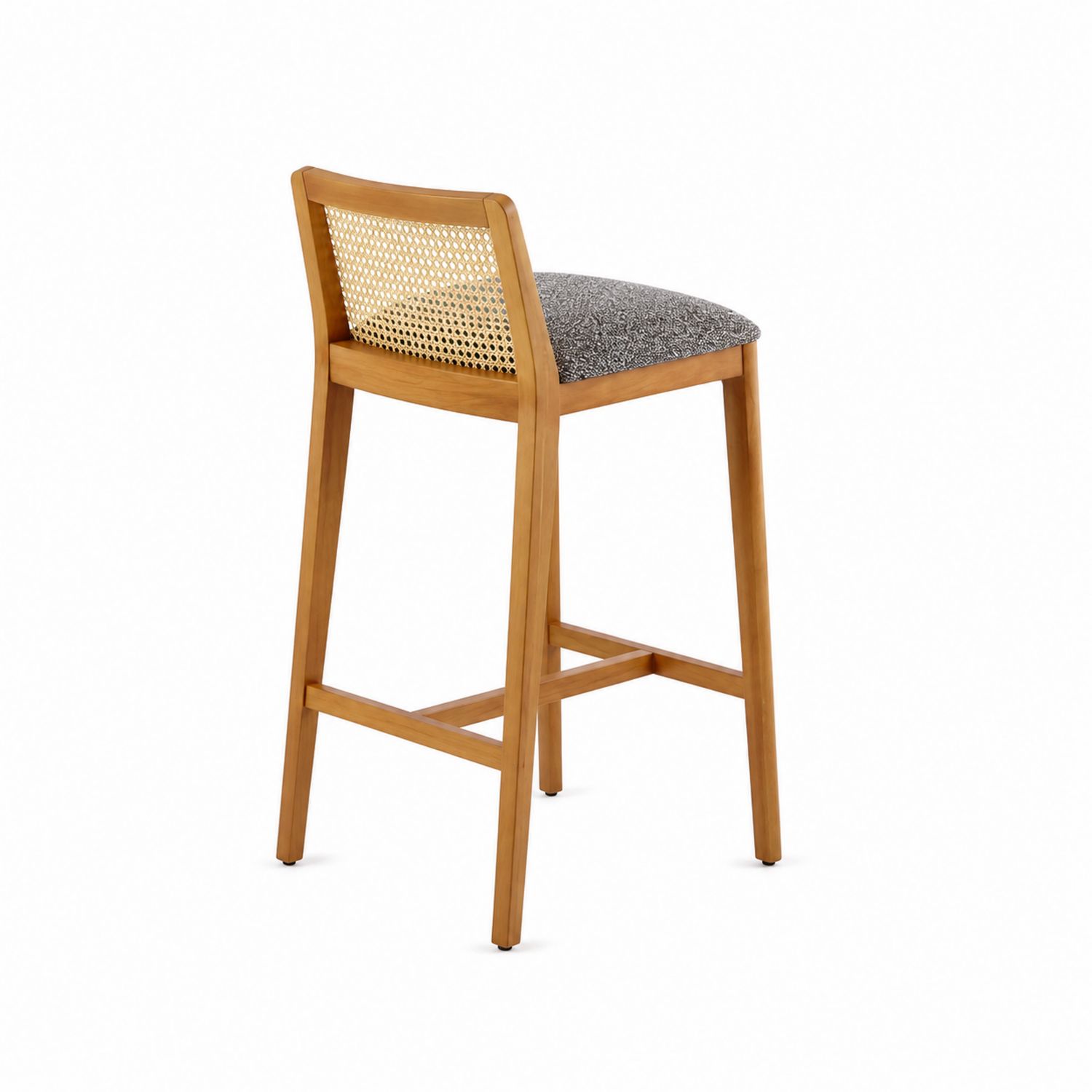 Holzhocker mit Rattangeflecht und gepolsterter Sitzfläche, Höhe 75 cm, Holzfarbe/Grau