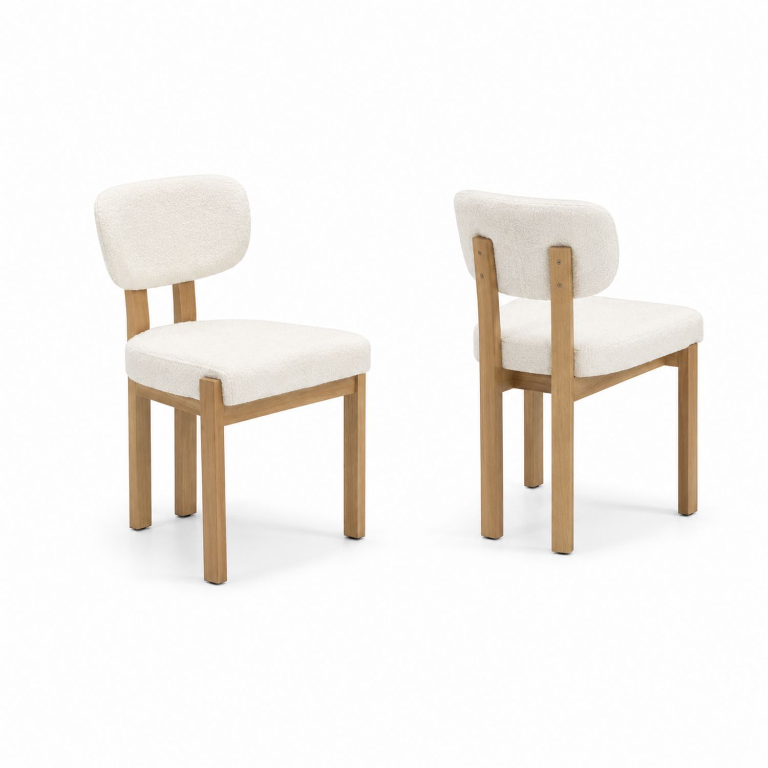 2er Set Esszimmerstühle aus Holz und Bouclé in Creme