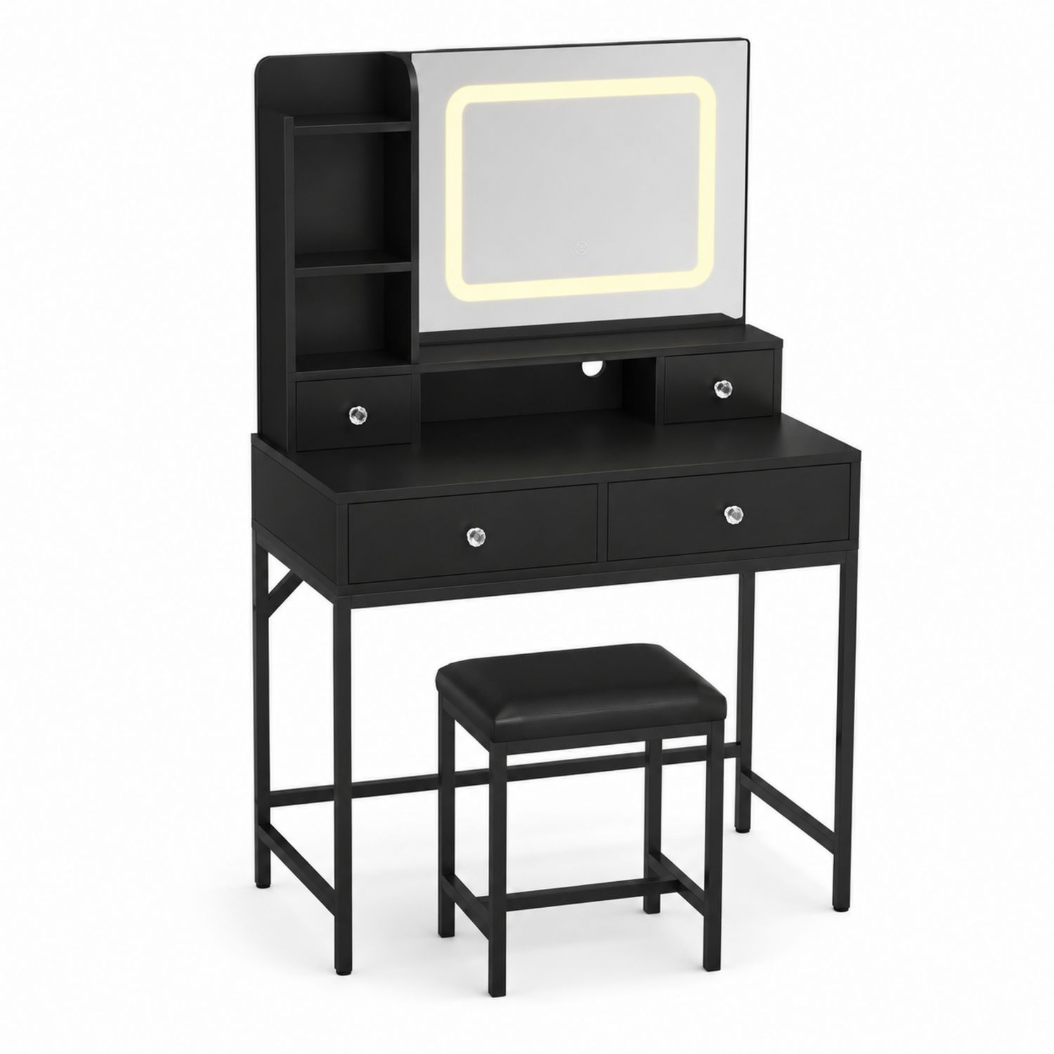 Schwarzer Schminktisch aus MDF mit LED-Spiegel und Hocker