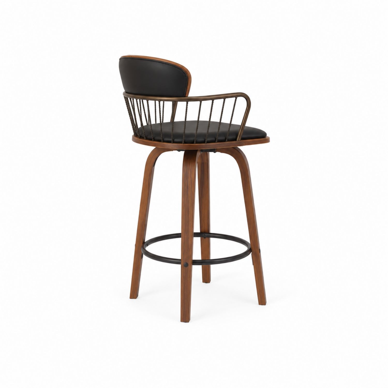 Barhocker aus Holz mit PU-Ledersitz und Metallrahmen, Schwarz/Walnuss