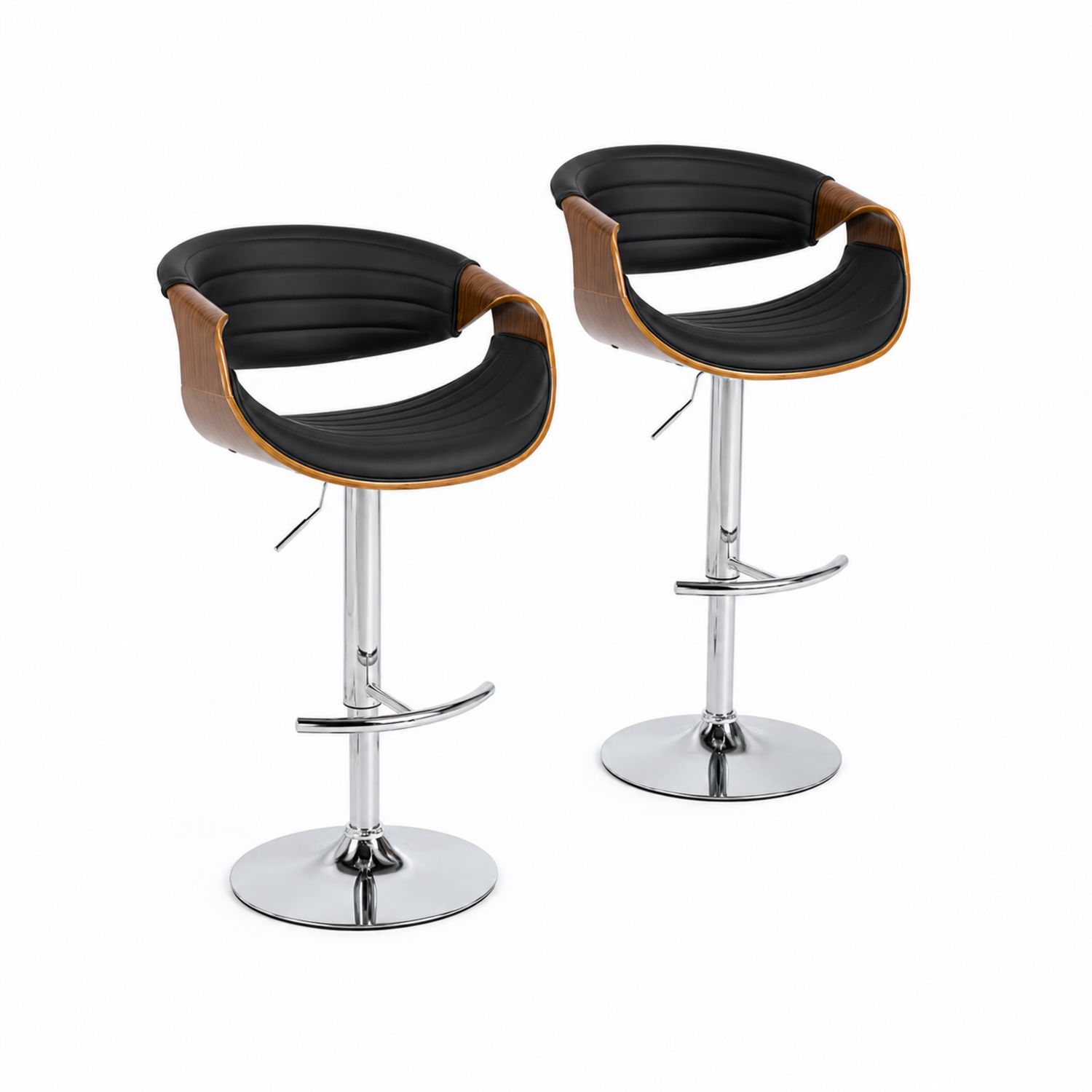 2er Set Barhocker PU-Leder Chrom Schwarz/Walnuss