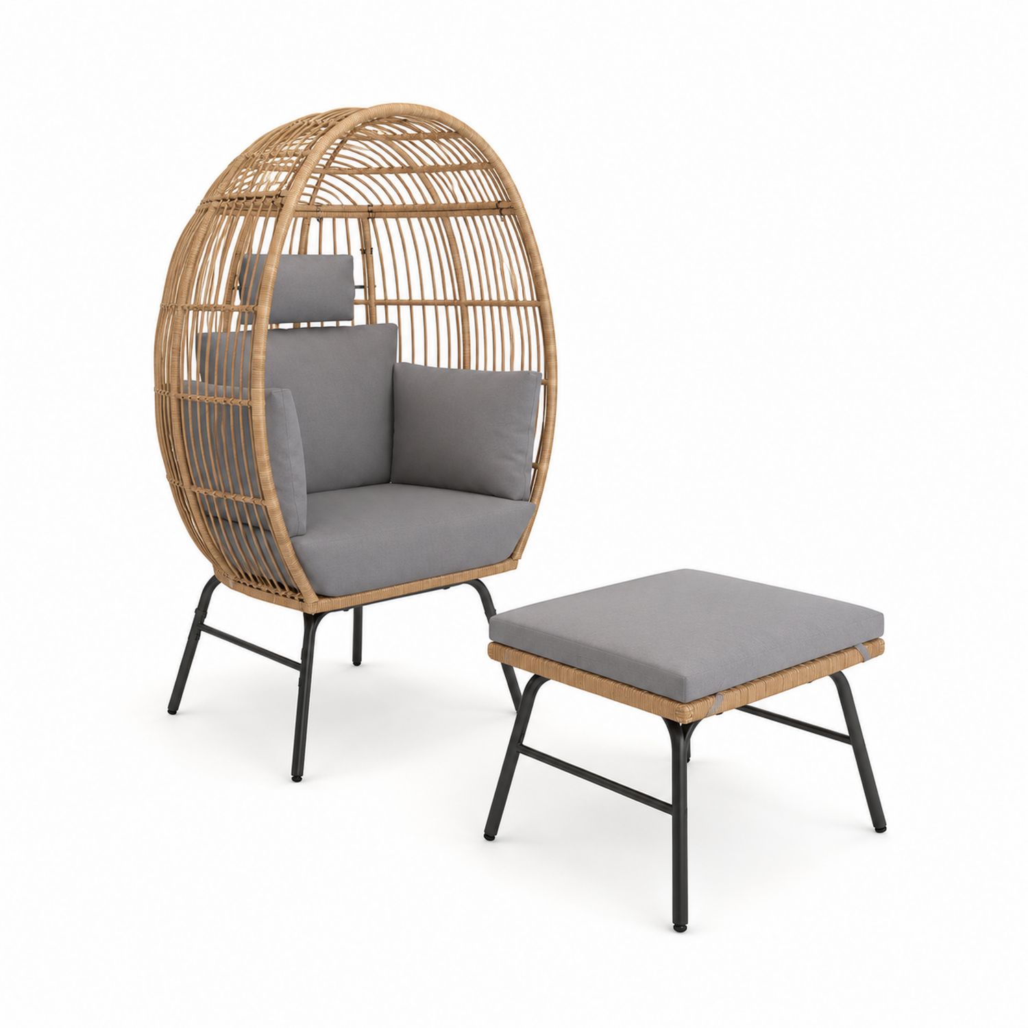 Garten Rattansessel Set mit Fußhocker Natur Grau Kissen Stahlrahmen