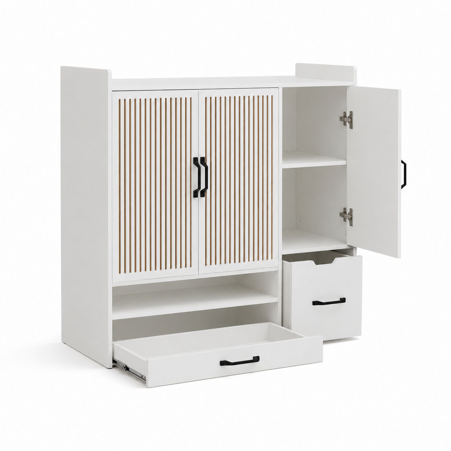 Weißer Holzschrank mit Türen und Schubladen