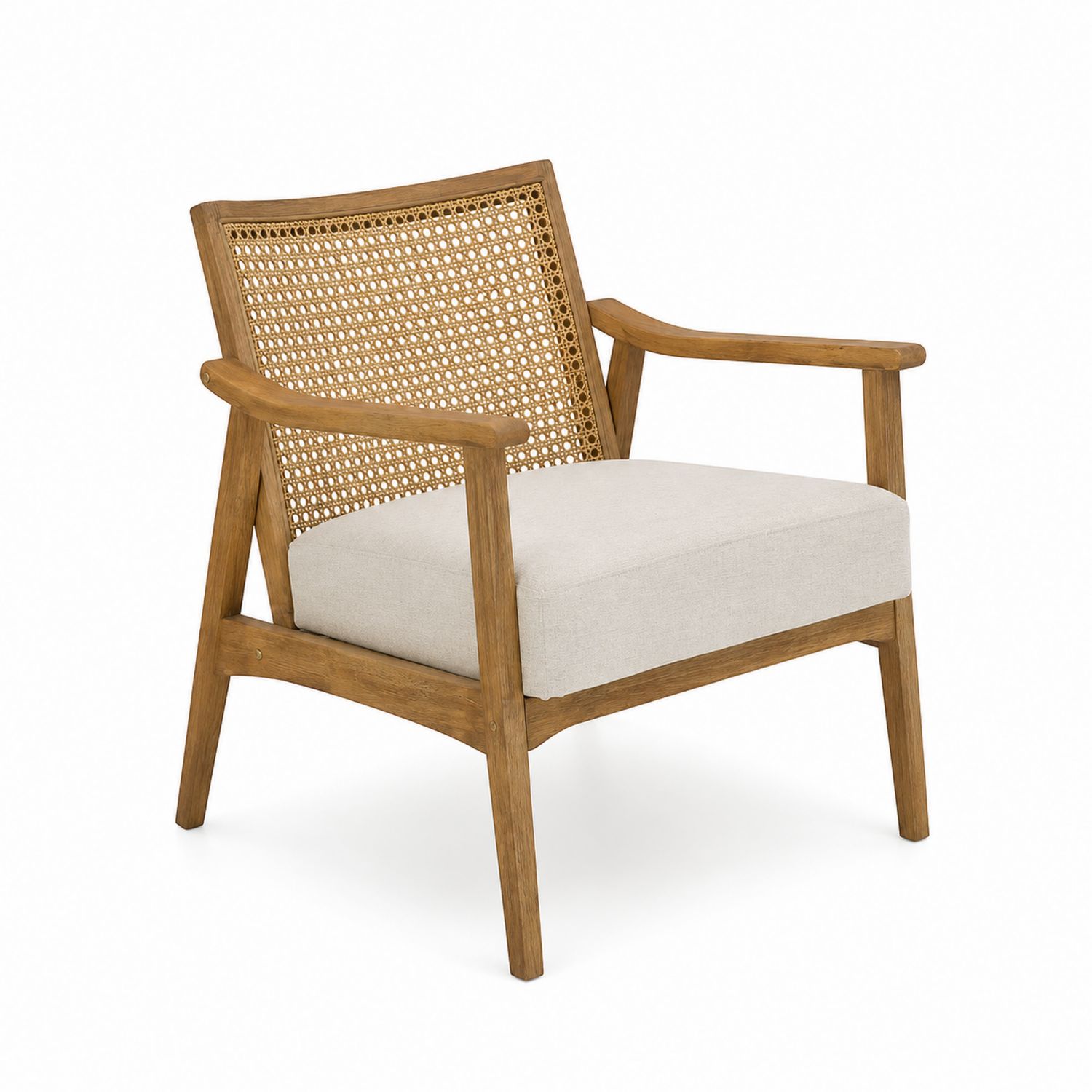 Sessel aus Holz mit Leinenpolsterung und Rattanlehne, Beige