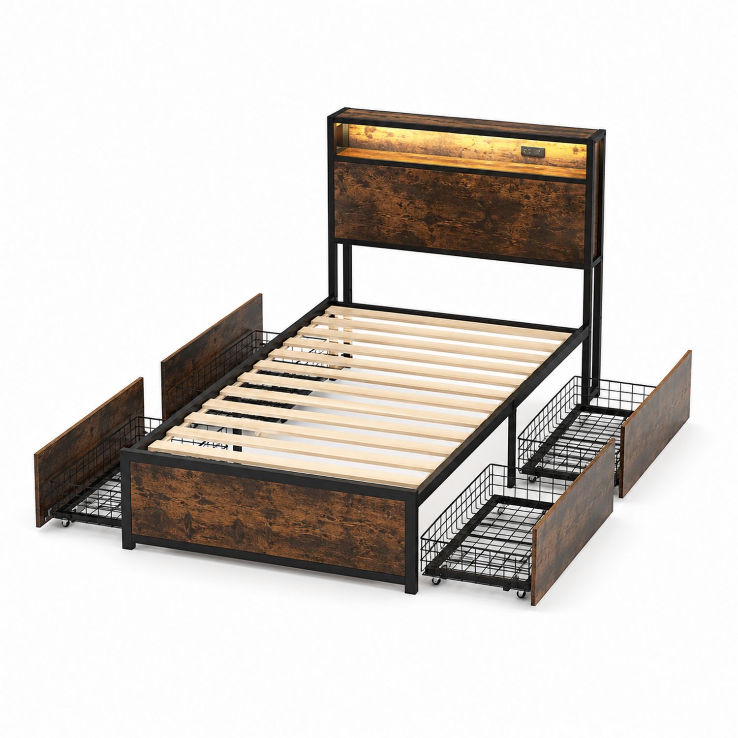 Doppelbett mit LED-Kopfteil und Stauraum 200x150 cm Metall-Holz Schwarz/Braun