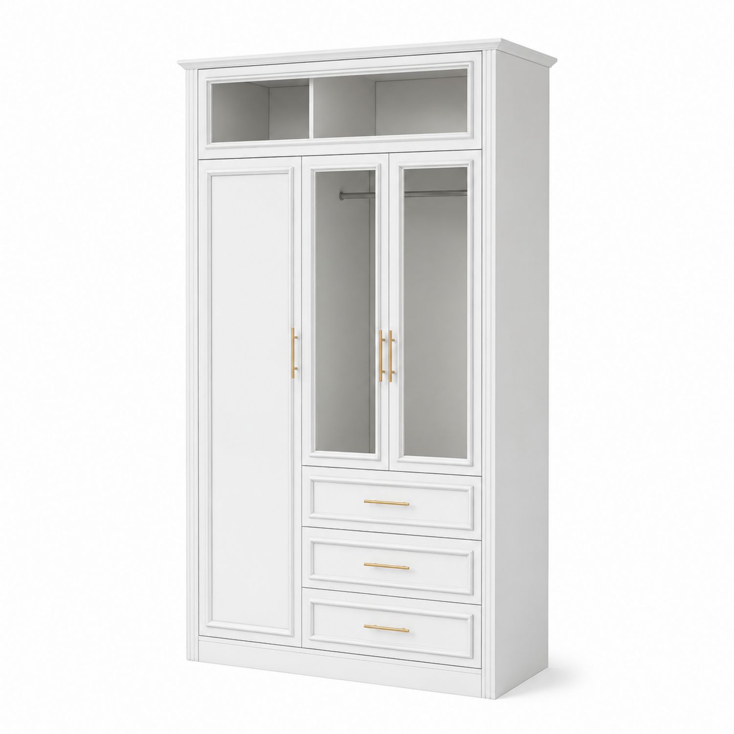 Kleiderschrank mit 3 Türen und 3 Schubladen aus MDF und gehärtetem Glas, Weiß