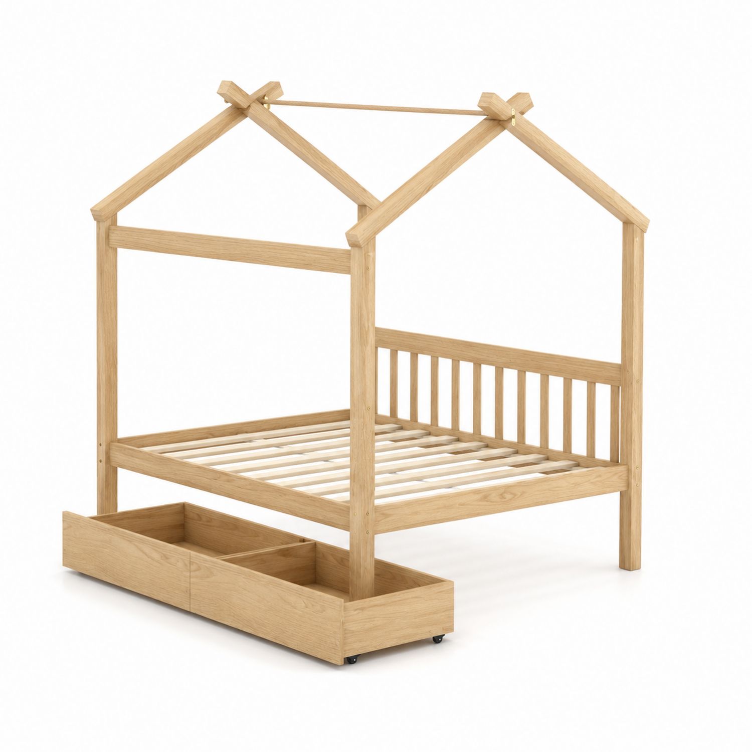 Kinderhausbett mit Rollkasten aus Eichenholz 200x90cm