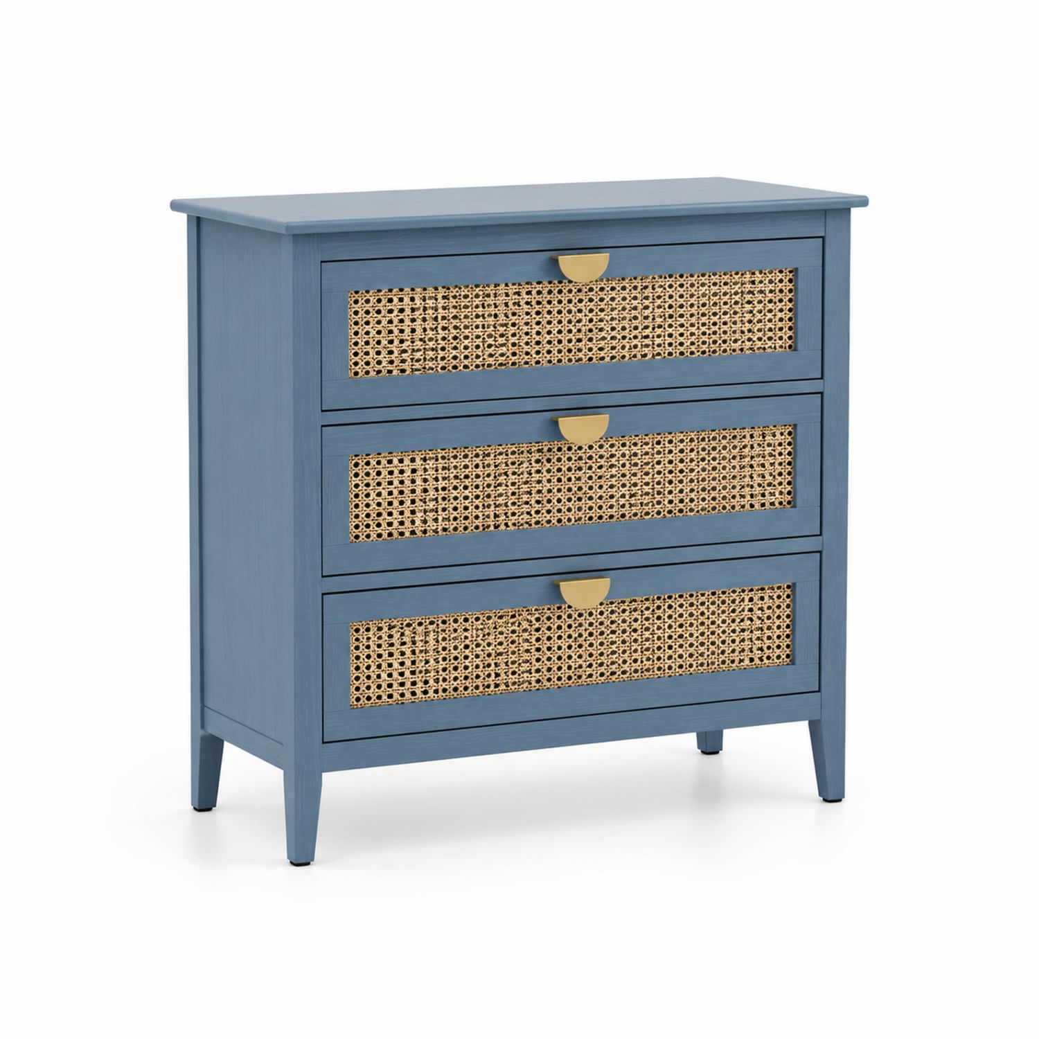 Kommode mit drei Schubladen aus Holz und Rattan Blau