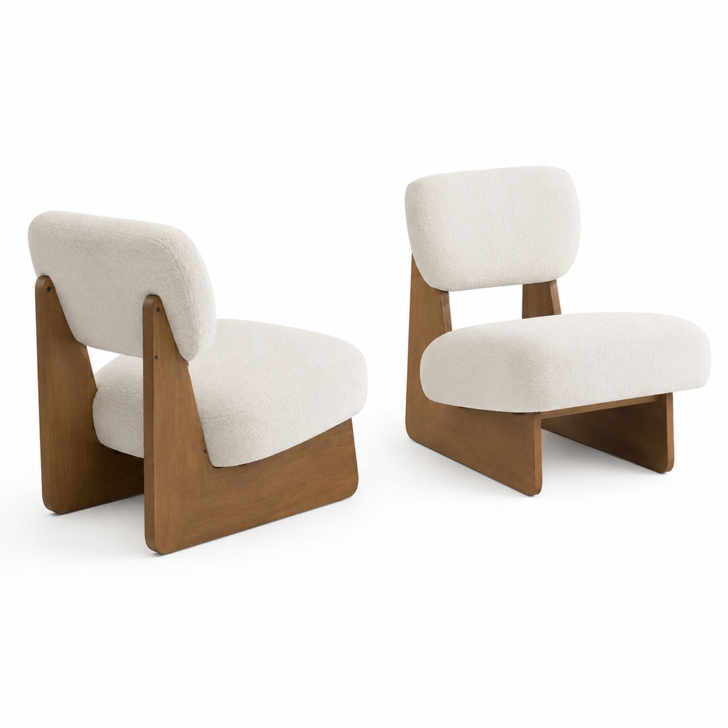 Set aus 2 Lounge-Sesseln mit Eichenholzrahmen und Polsterbezug, Creme