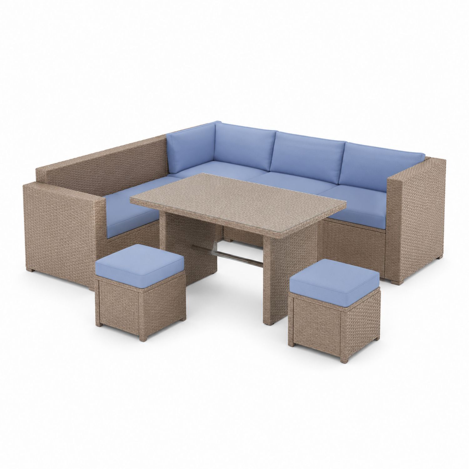 Rattan Outdoor Ecksofa-Set mit Tisch und Hockern Hellblau Beige