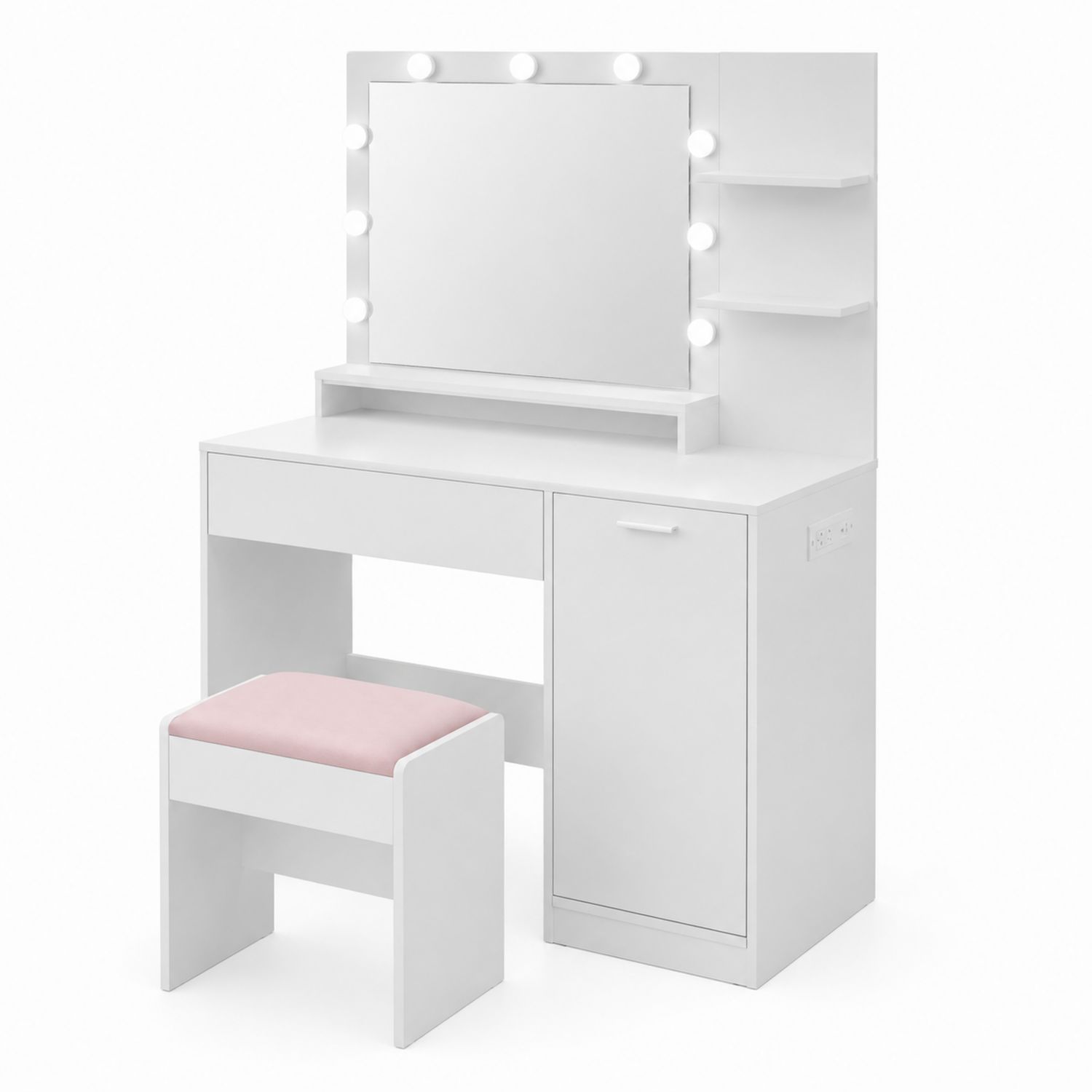 Schminktisch aus MDF mit LED-Beleuchtung und Hocker, Weiß