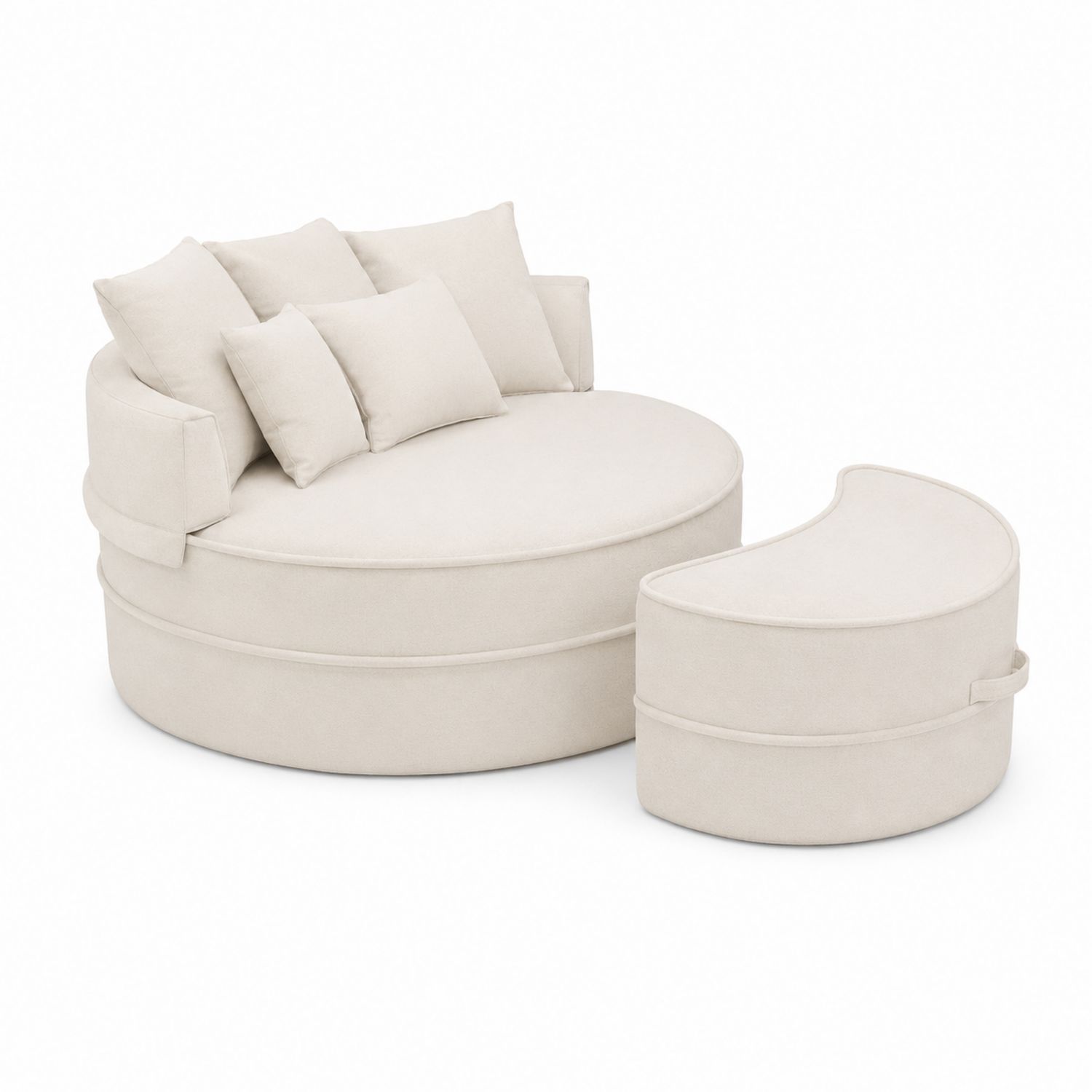 Rundes Stoff-Sofa Set mit Hocker in Beige, Ø 150 cm
