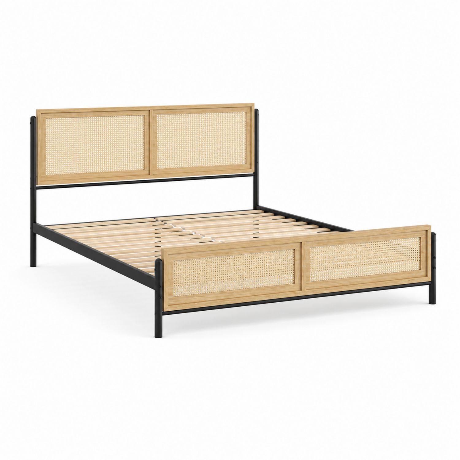 Doppelbett mit Stahlrahmen und Rattan-Kopf- und Fußteil 200x160 cm
