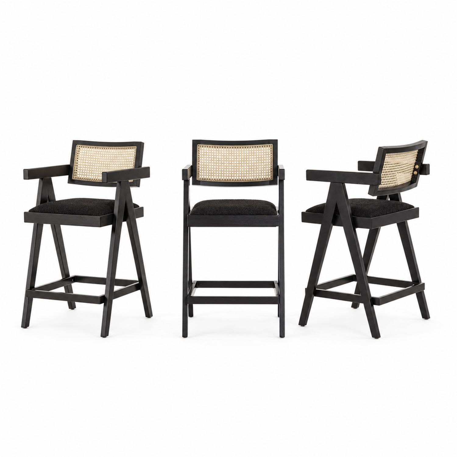 Barhocker Set mit Armlehnen, Holz, Rattan, schwarzer Stoffpolster, Schwarz/Braun