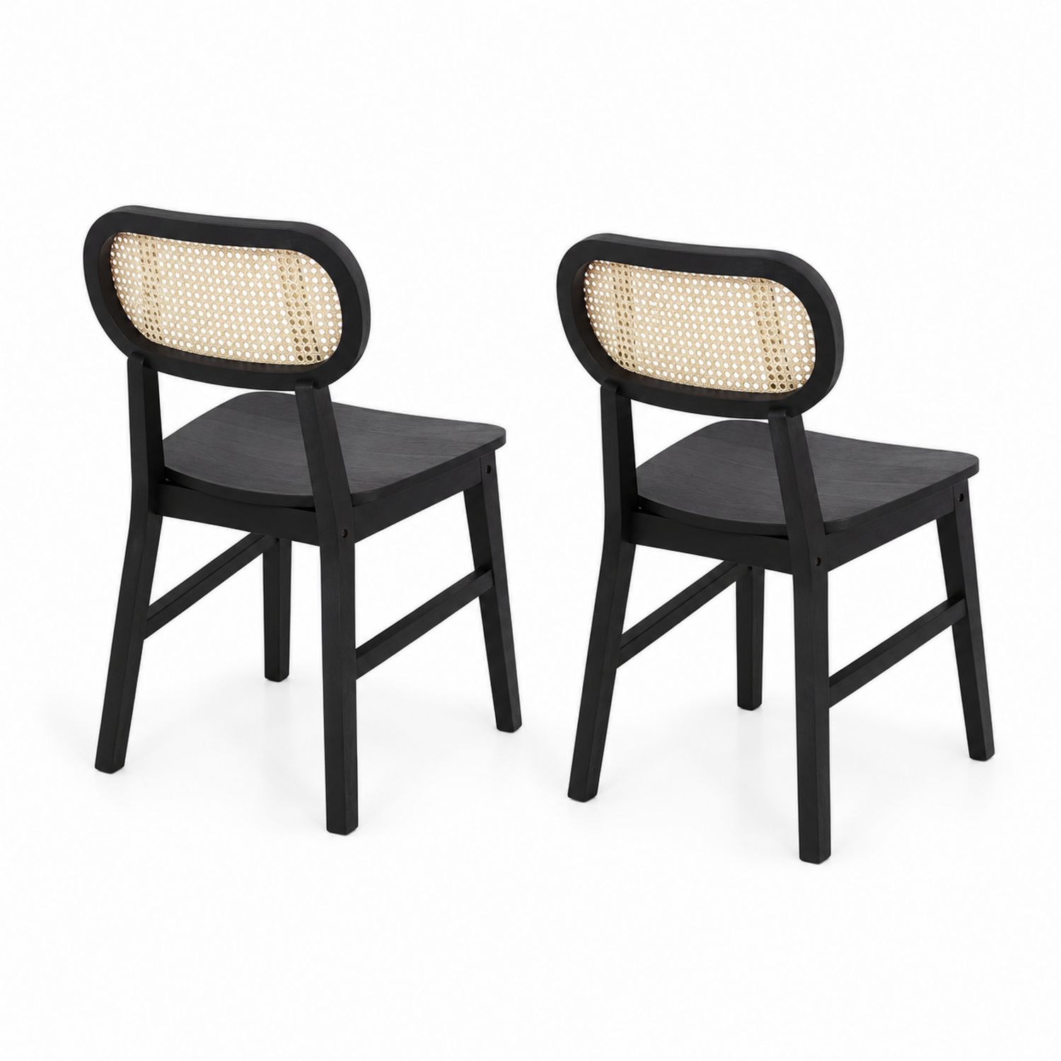 2er-Set Esszimmerstühle Holzrahmen Rattan-Rückenlehne Schwarz/Natur