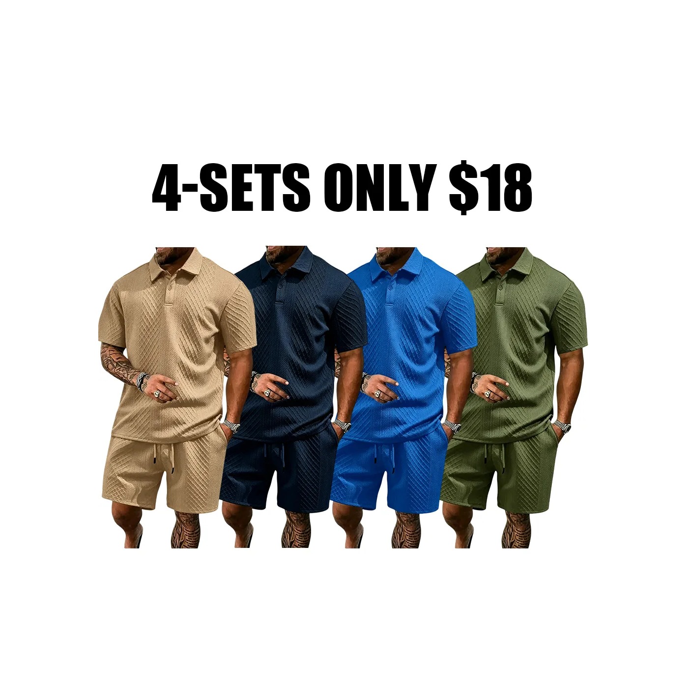 Men's Textured Polo Shirt & Drawstring Shorts Bundle Set