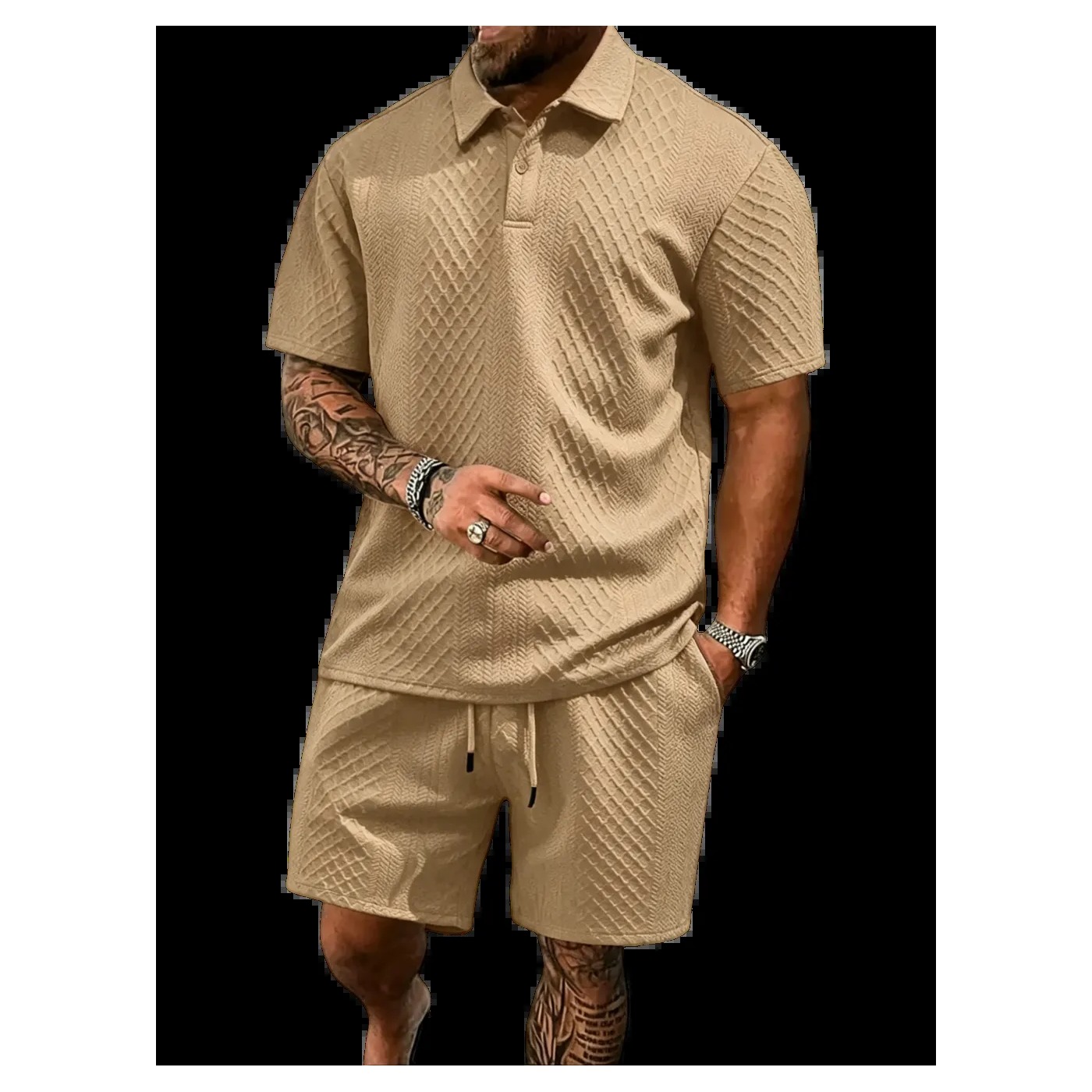 Men's Textured Polo Shirt & Drawstring Shorts Bundle Set