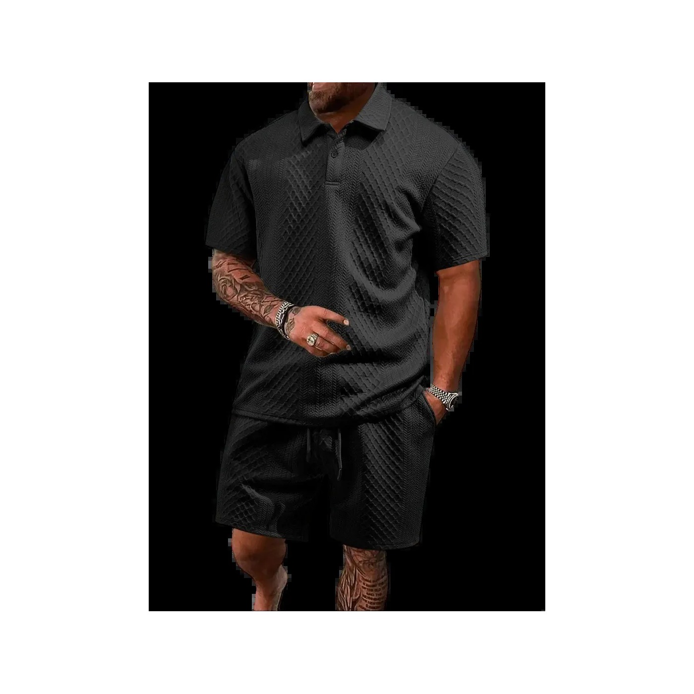 Men's Textured Polo Shirt & Drawstring Shorts Bundle Set