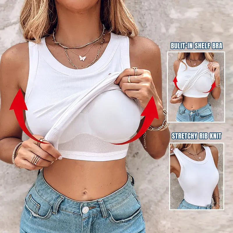 This Week's Special PriceRound Neck Built-in Bra Ribbed Tank Top Fit Casual Comfortable