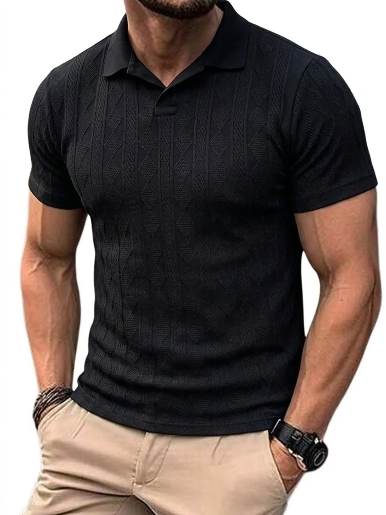 Men's Solid Jacquard Polo Shirt - Casual Summer Wear
