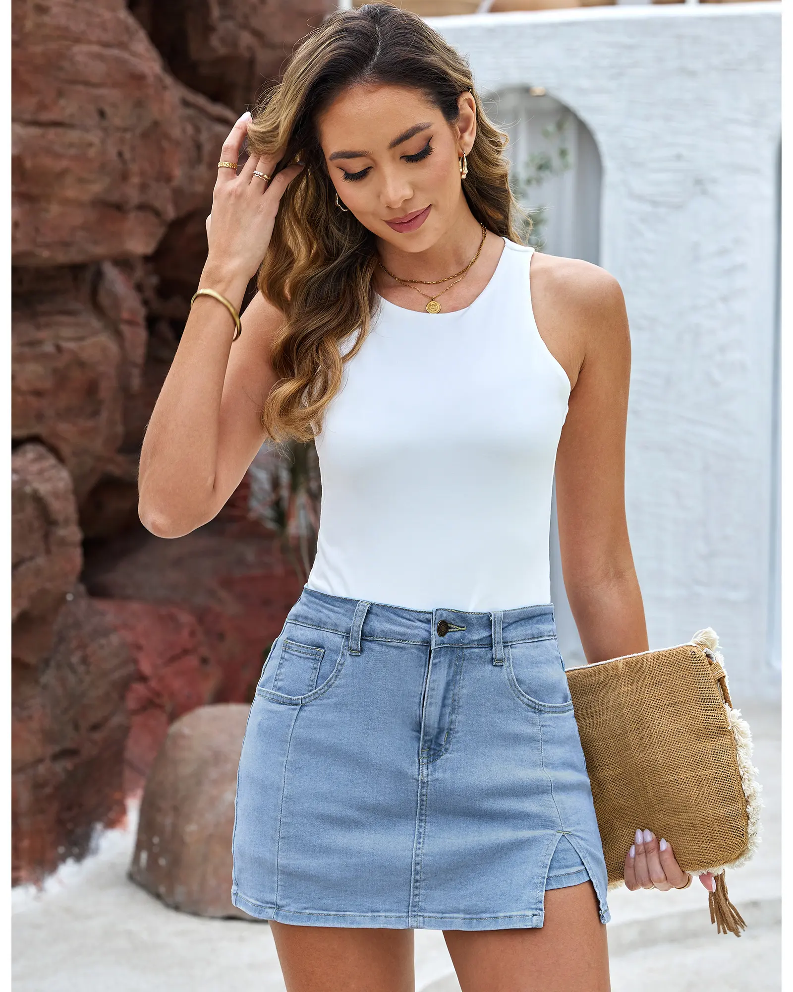 luvamia Skorts Skirts for Women Denim Mini Casual Oversize Skirt Side Slit with High Waisted Jean Shorts Stretchy
