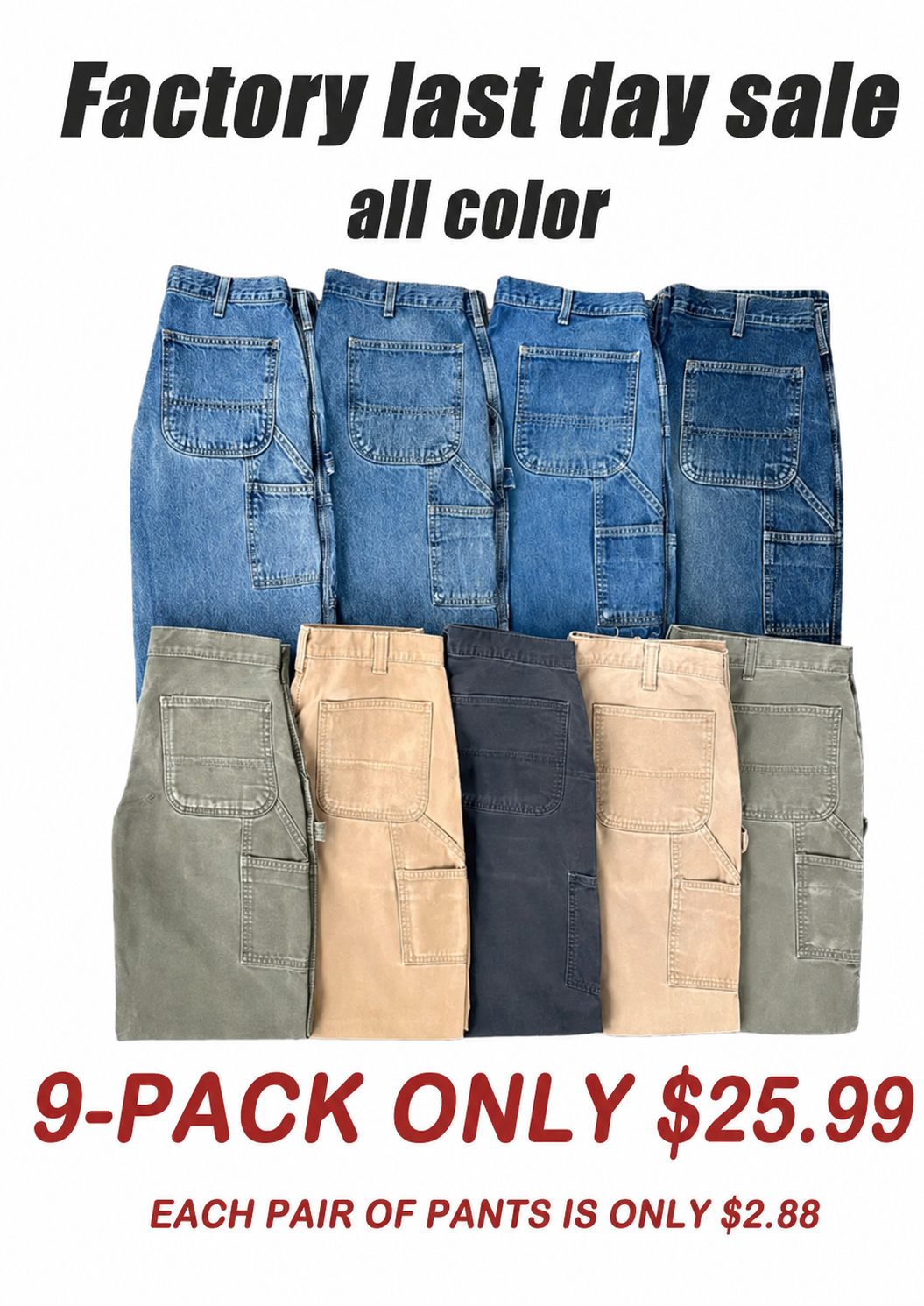 Men's Loose Fit Washed Duck Utility Work Pant 9-PACK with 7 Pockets