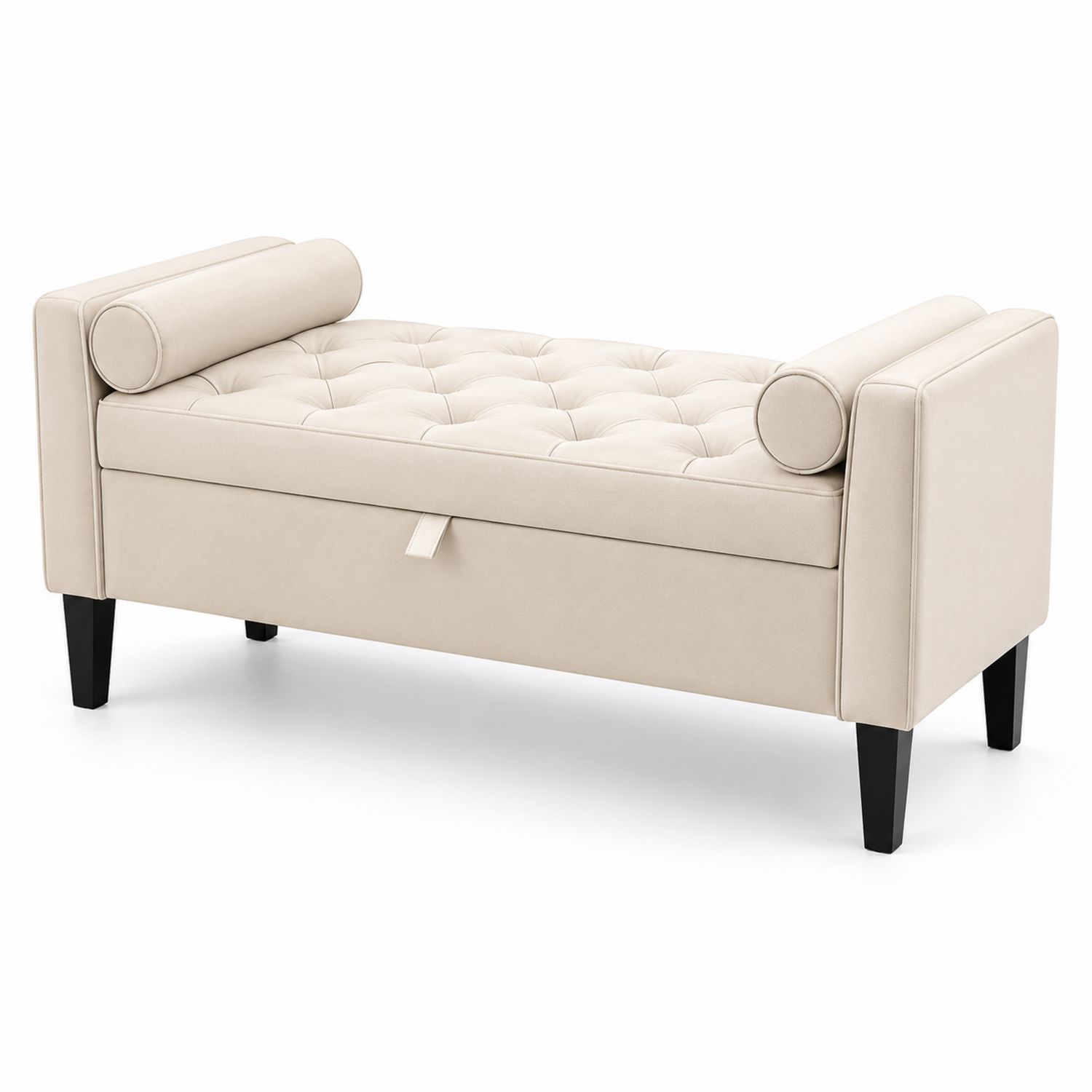 Panca in legno e tessuto beige con contenitore