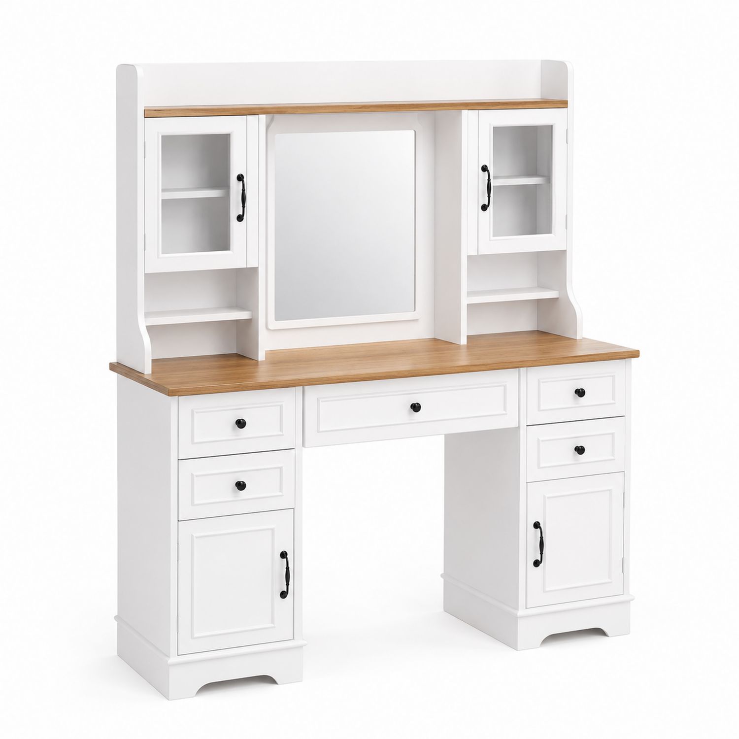 Tavolo da Toeletta con Specchio in Legno MDF Bianco e Rovere