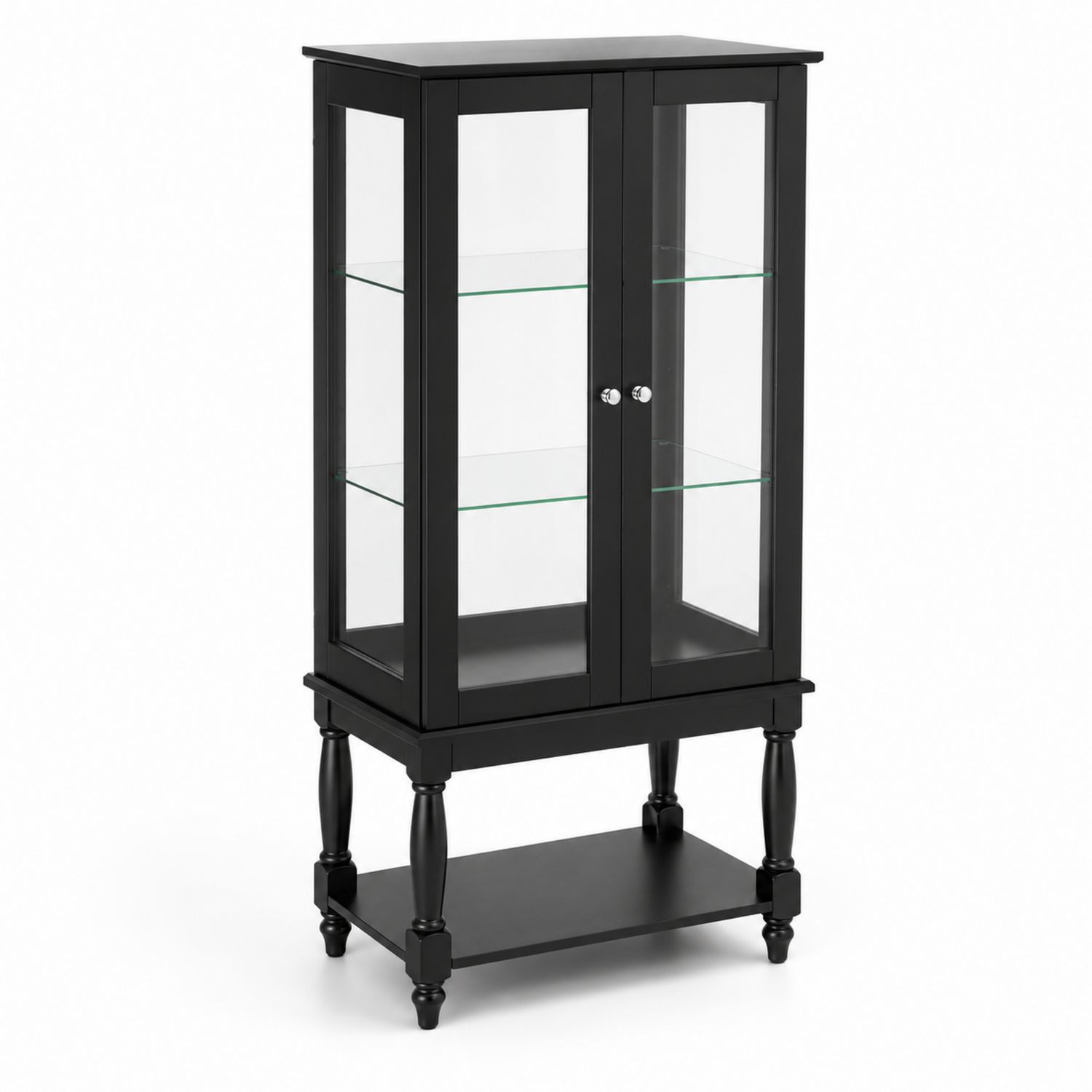 Credenza vetrina in legno nero con ripiani in vetro temperato