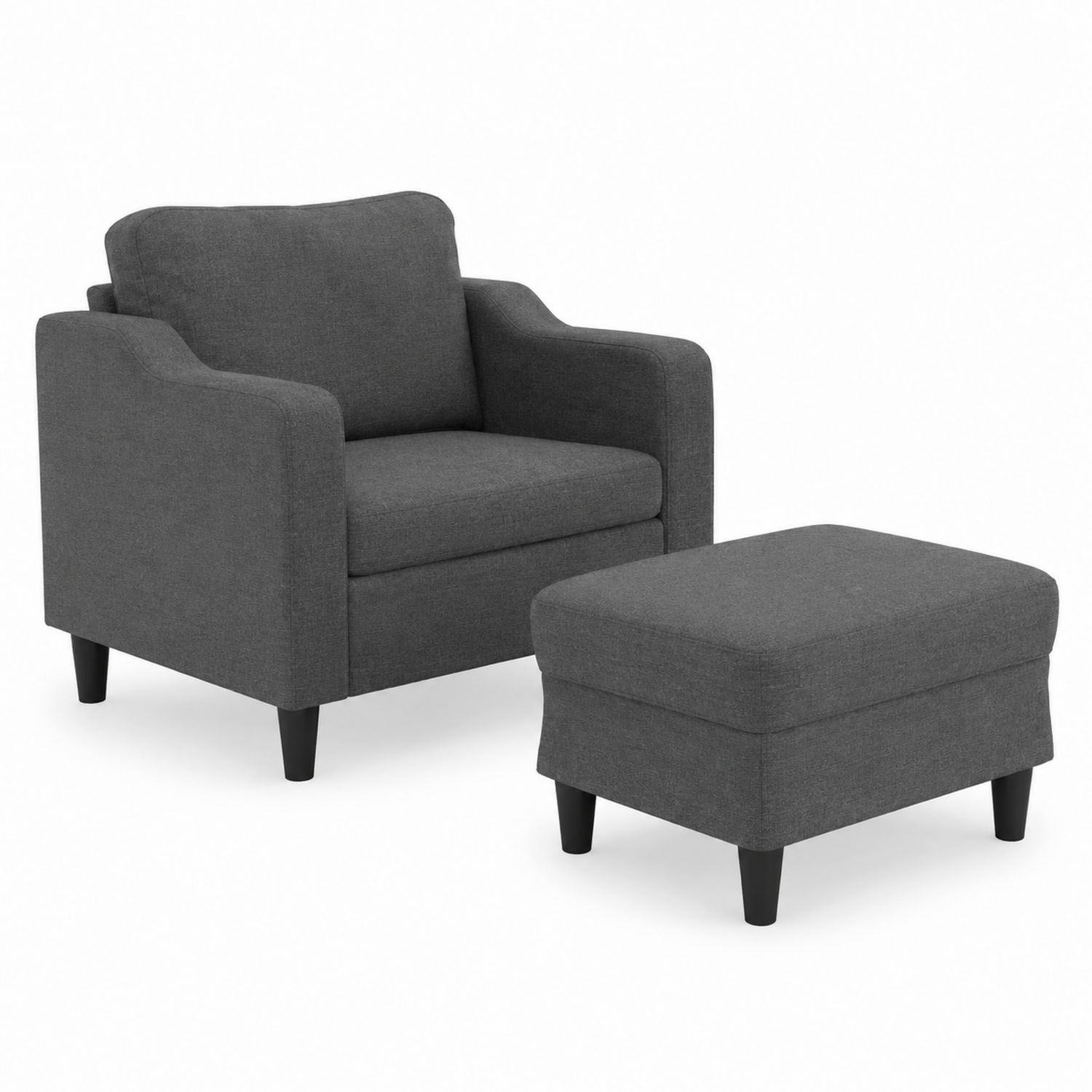 Set poltrona e poggiapiedi in tessuto grigio con struttura di legno