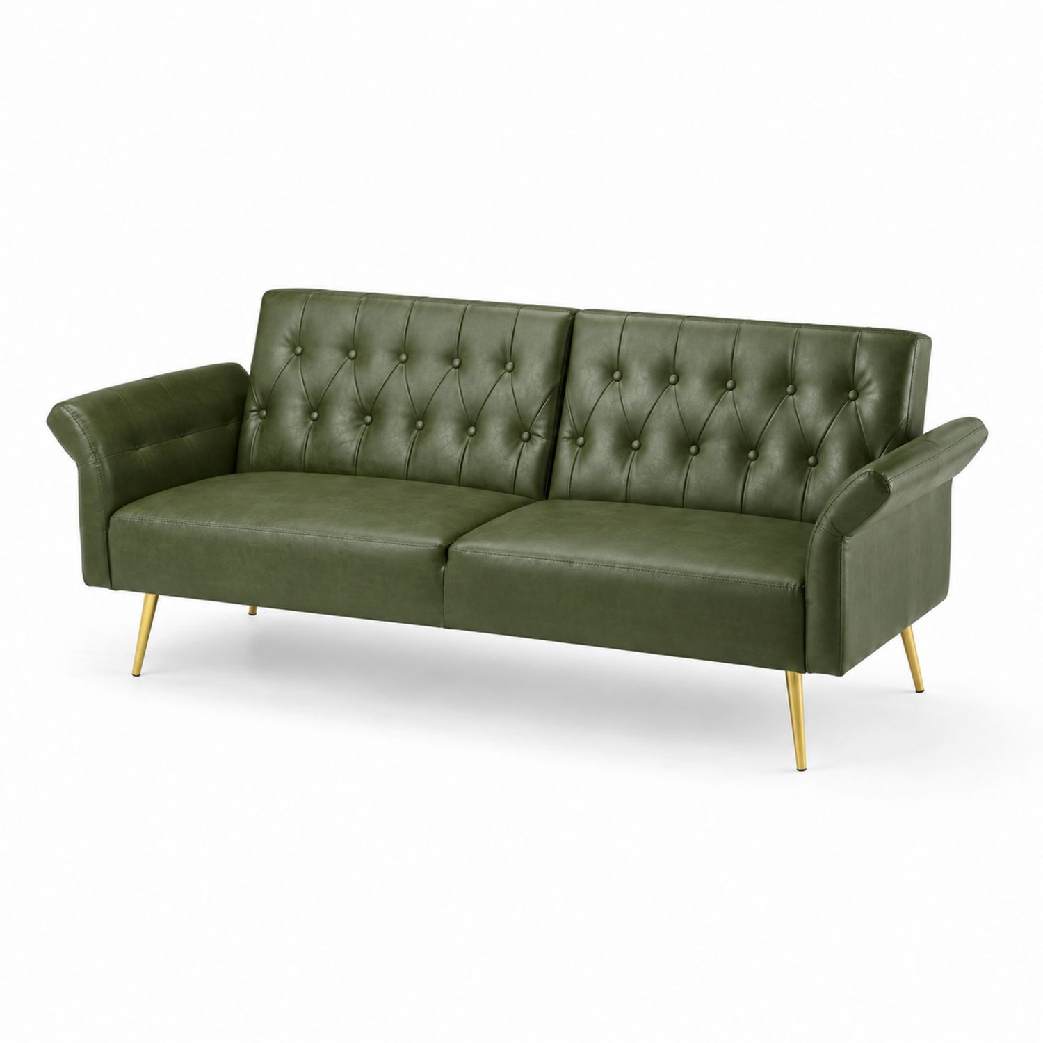 Divano a 3 posti in pelle sintetica verde con gambe in metallo dorato