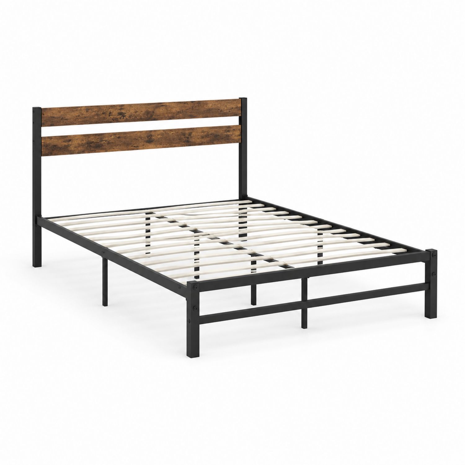 Letto matrimoniale in metallo verniciato nero con testiera in MDF effetto legno
