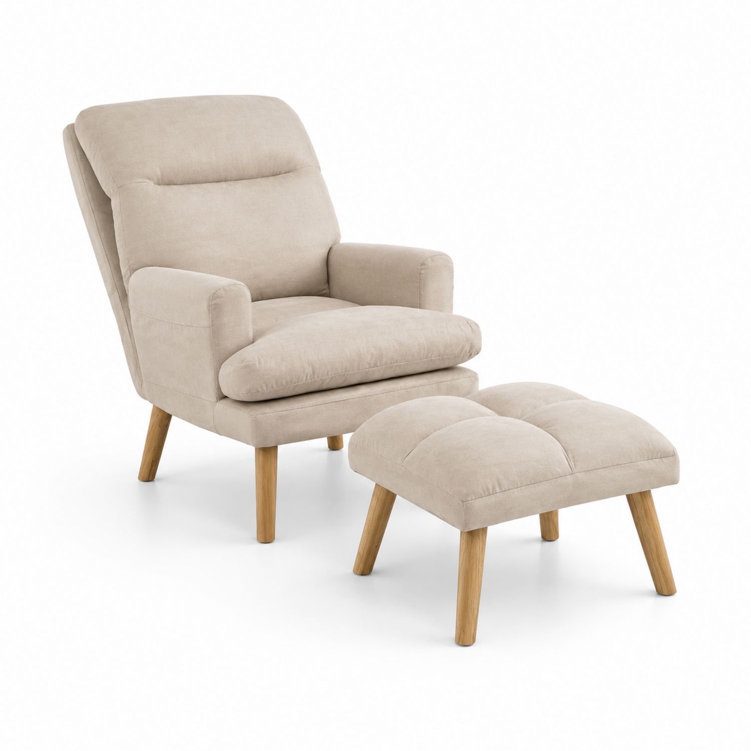 Poltrona e Poggiapiedi in Tessuto Beige con Piedi in Legno