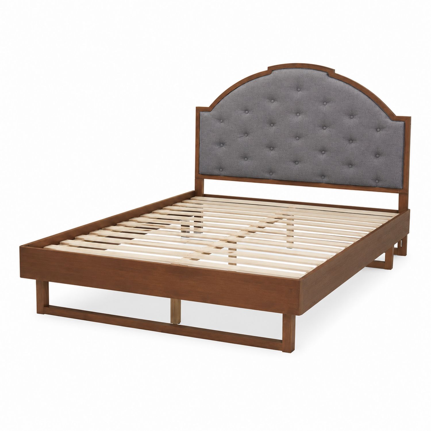 Letto matrimoniale in legno con testiera in tessuto grigio
