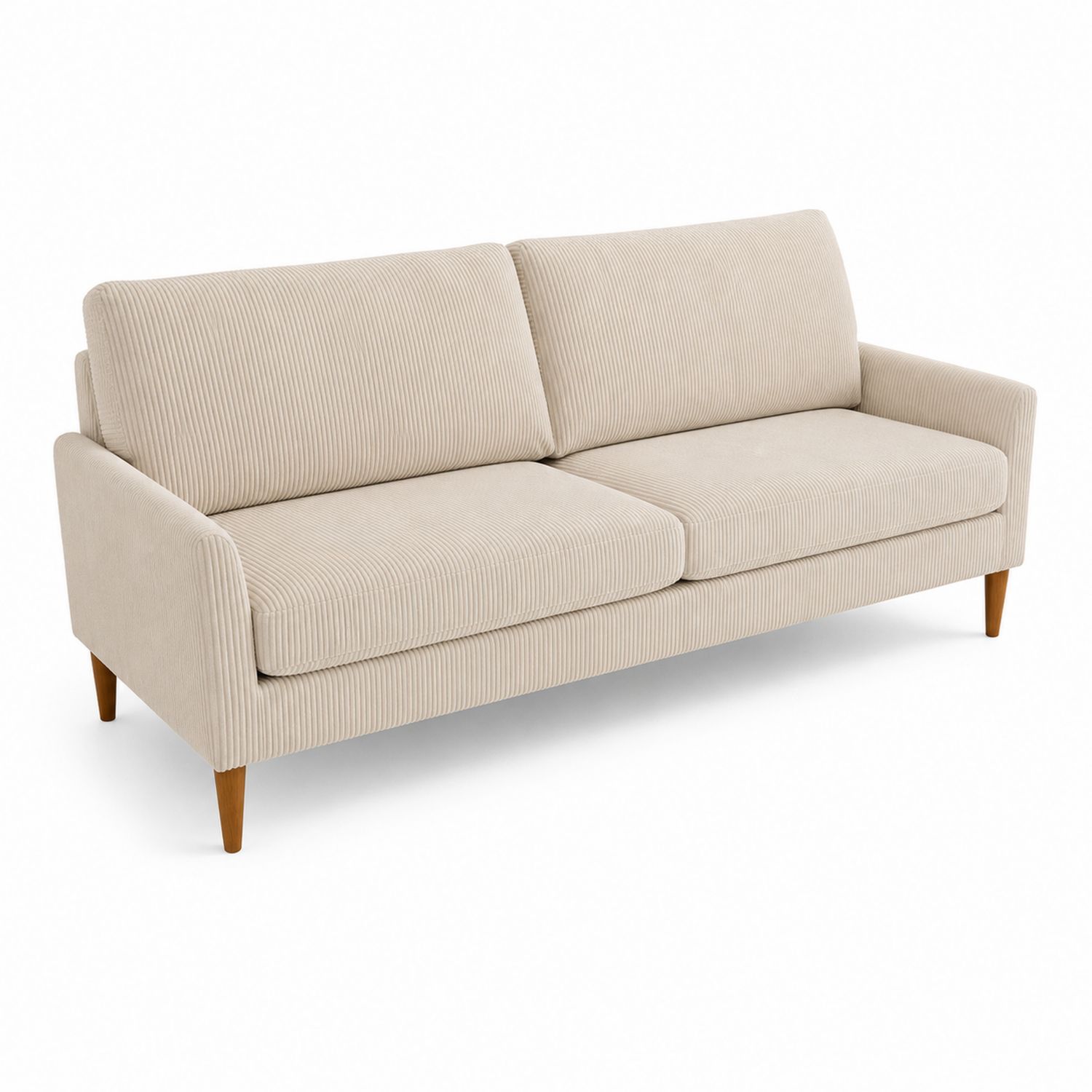 Divano a tre posti in velluto a coste beige con gambe in legno