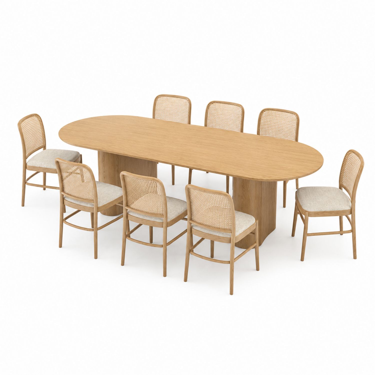 Set Tavolo da Pranzo Ovale in Legno e Sedie in Rattan e Tessuto