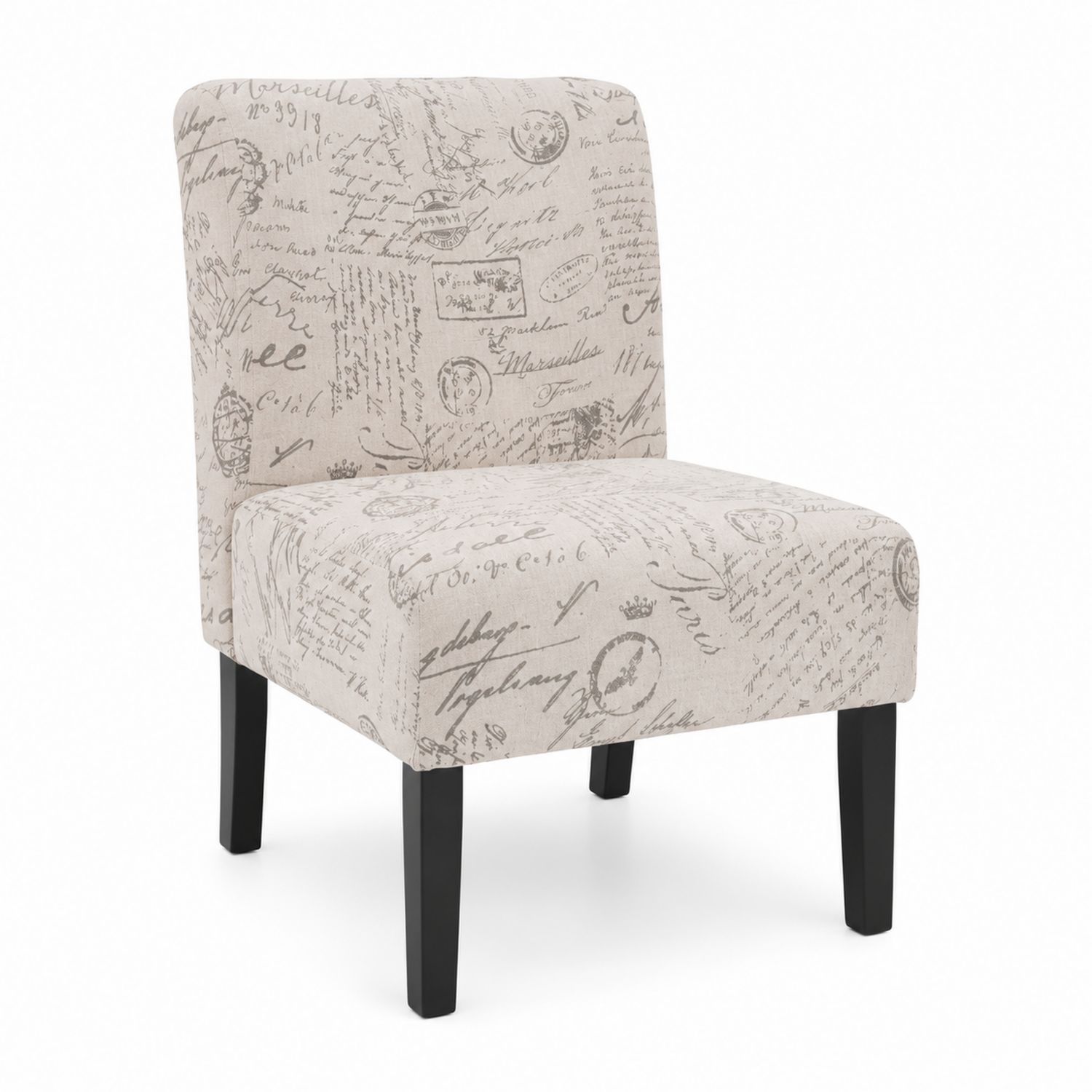 Sedia in tessuto con scritte francesi e gambe in legno