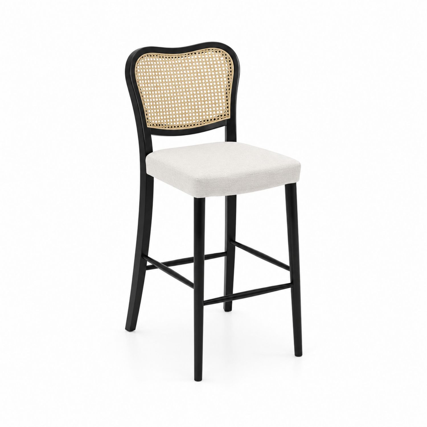 Sgabello da Bar con Schienale in Rattan e Tessuto Nero e Bianco