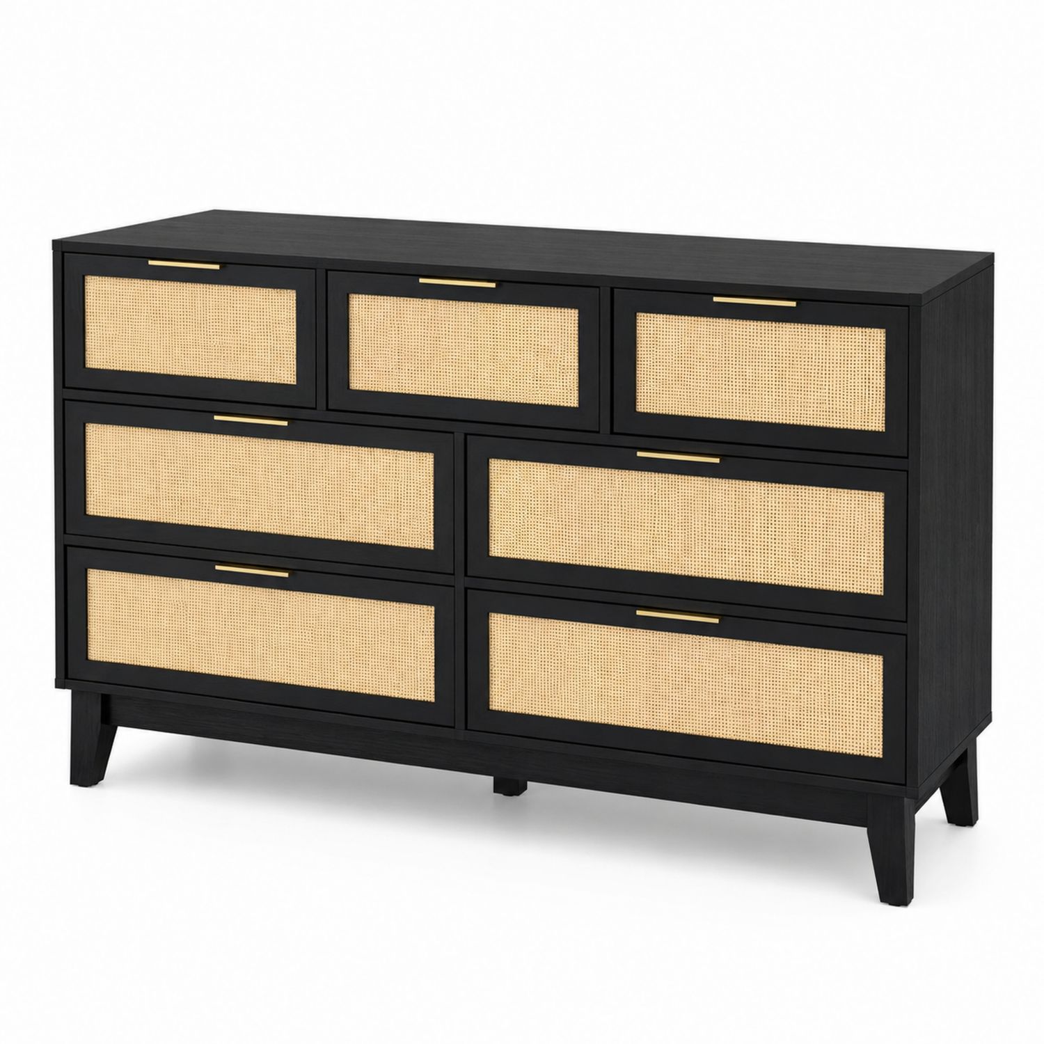Cassettiera in Legno di Pino e Rattan con 7 Cassetti