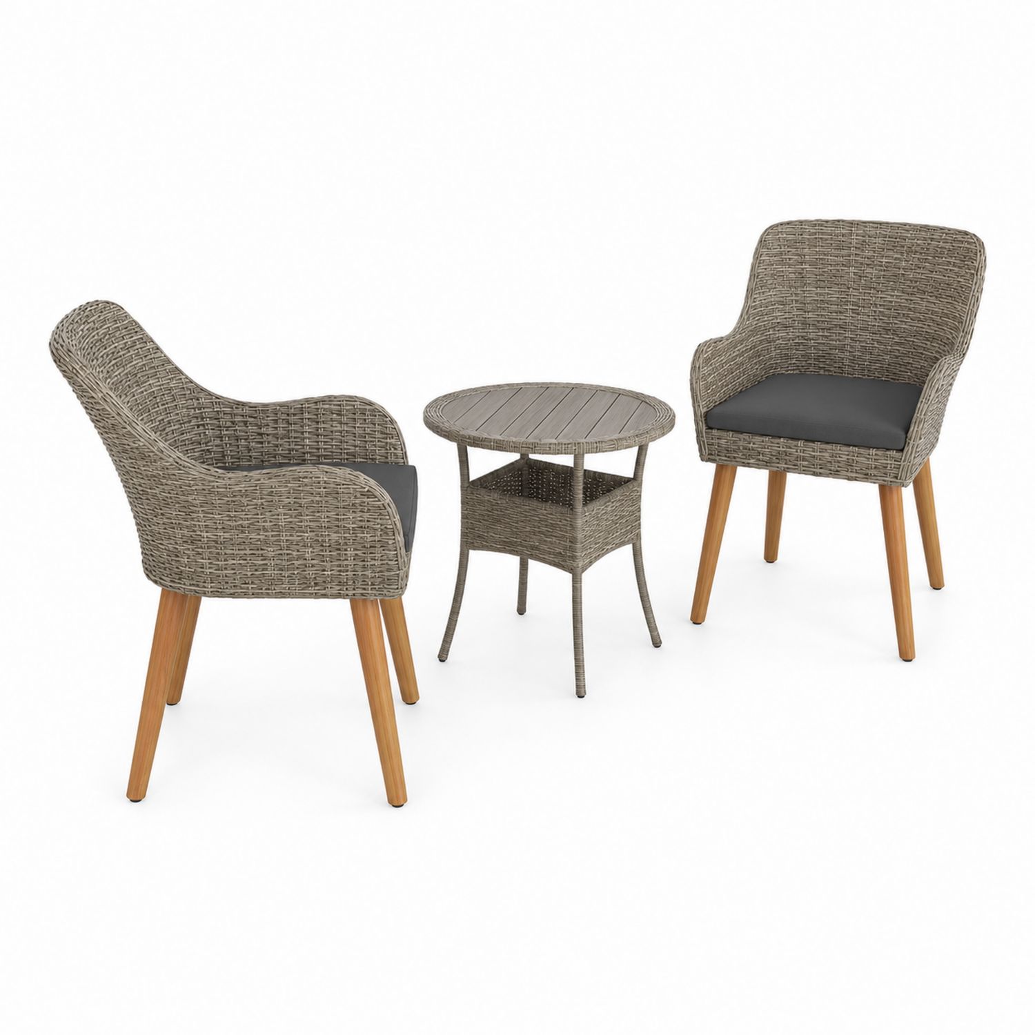 Set di sedie in rattan sintetico con tavolino e cuscini neri