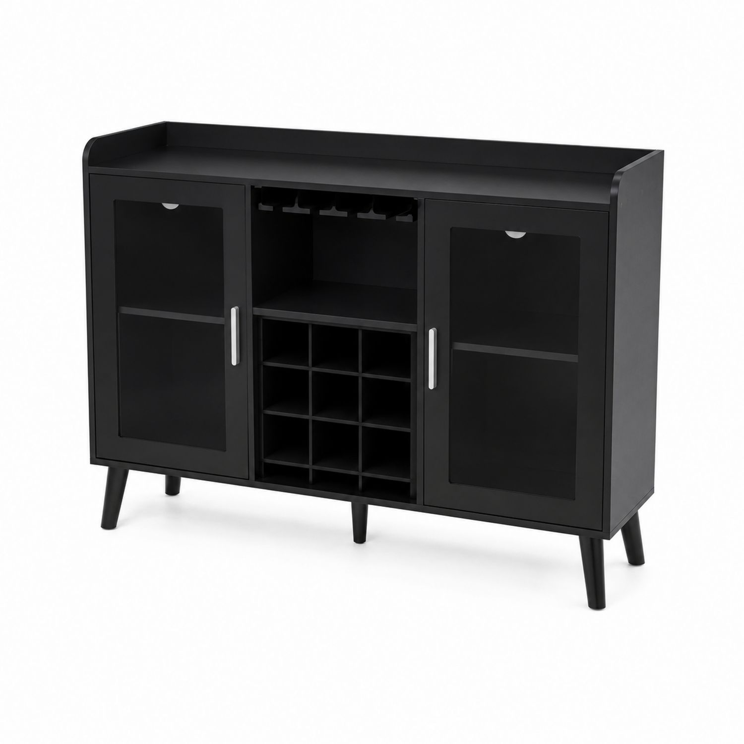 Credenza in legno con ante in vetro e scaffale per vino