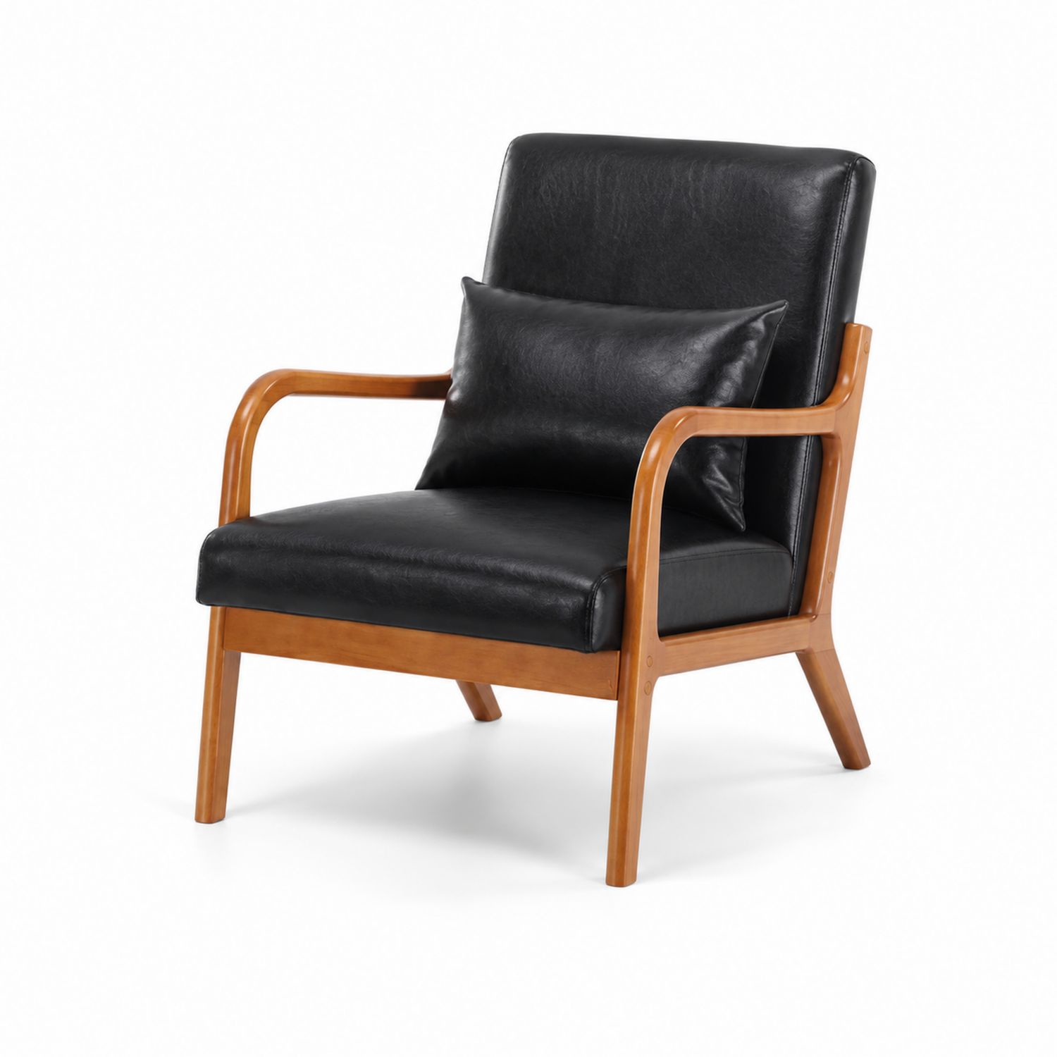 Poltrona in Legno con Rivestimento in Similpelle Nera e Cuscino