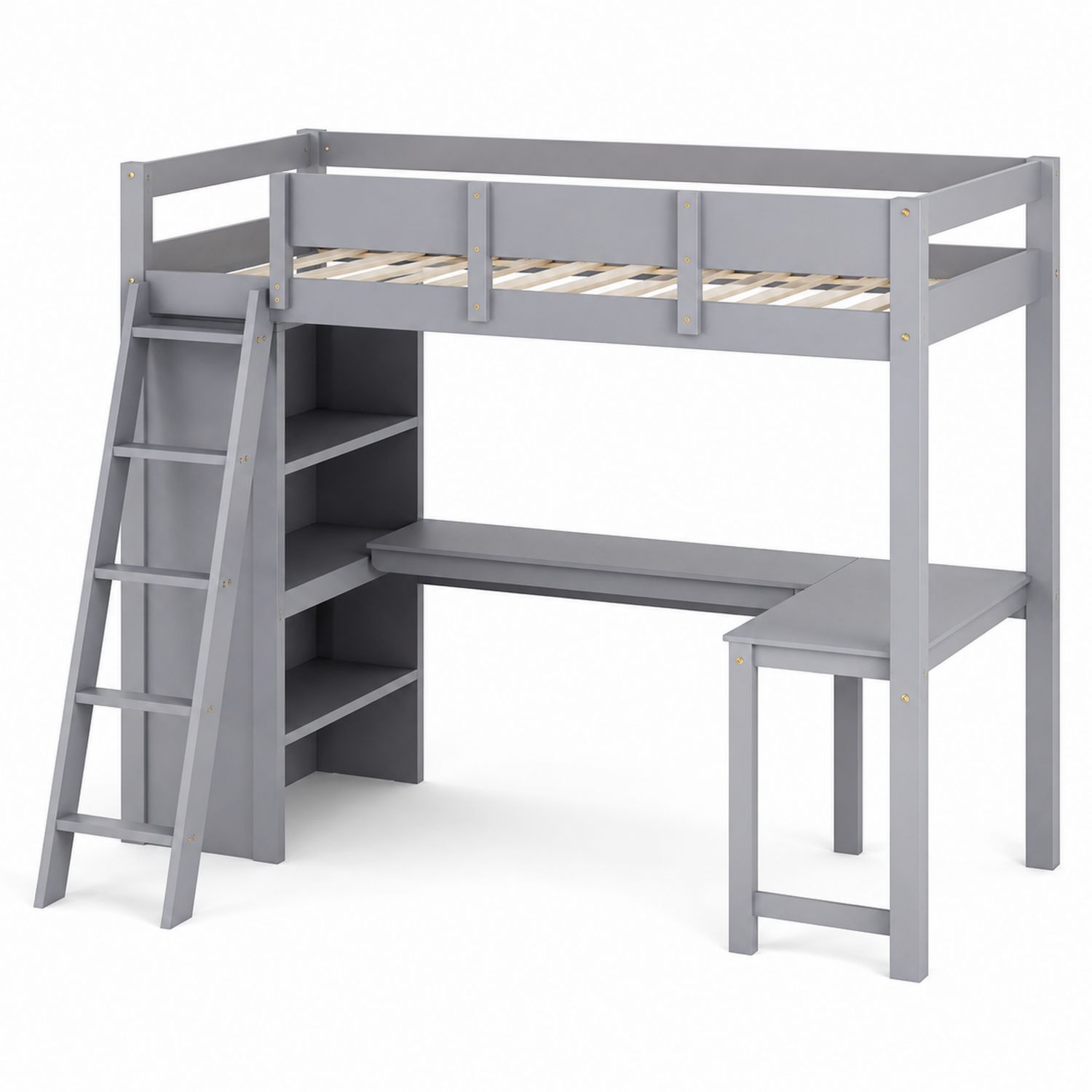Letto a soppalco in legno con scala, scrivania e scaffali grigio