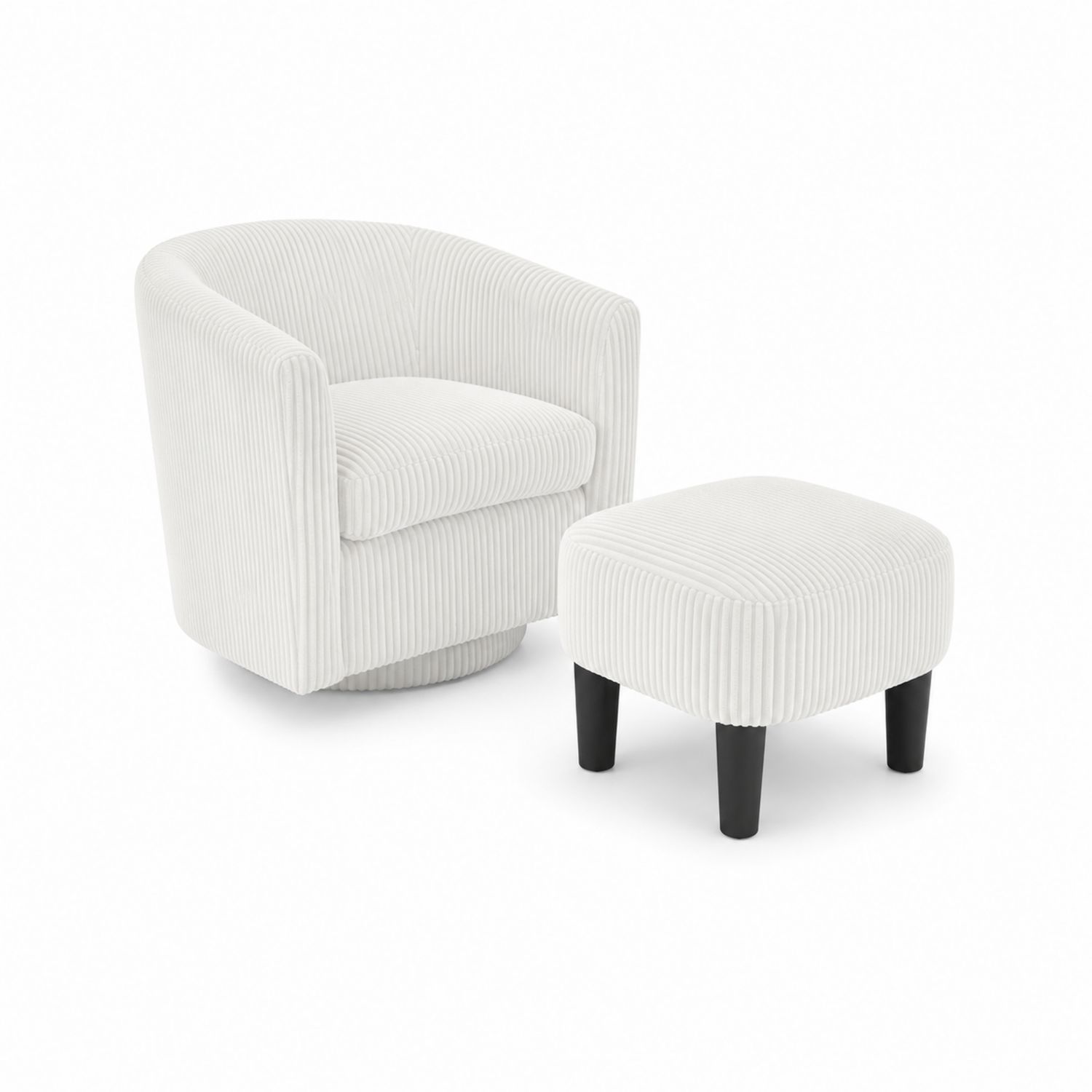 Set poltrona girevole e pouf in velluto a coste bianco