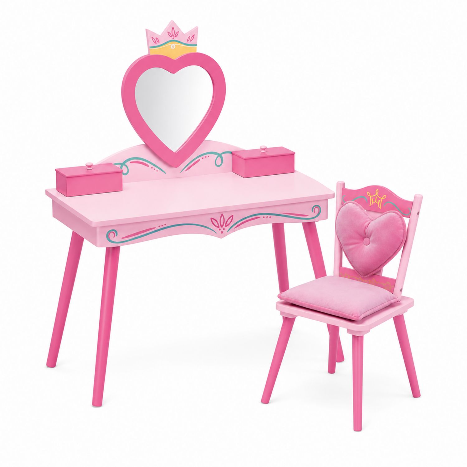Set toeletta per bambini in legno rosa con specchio a cuore e sedia imbottita
