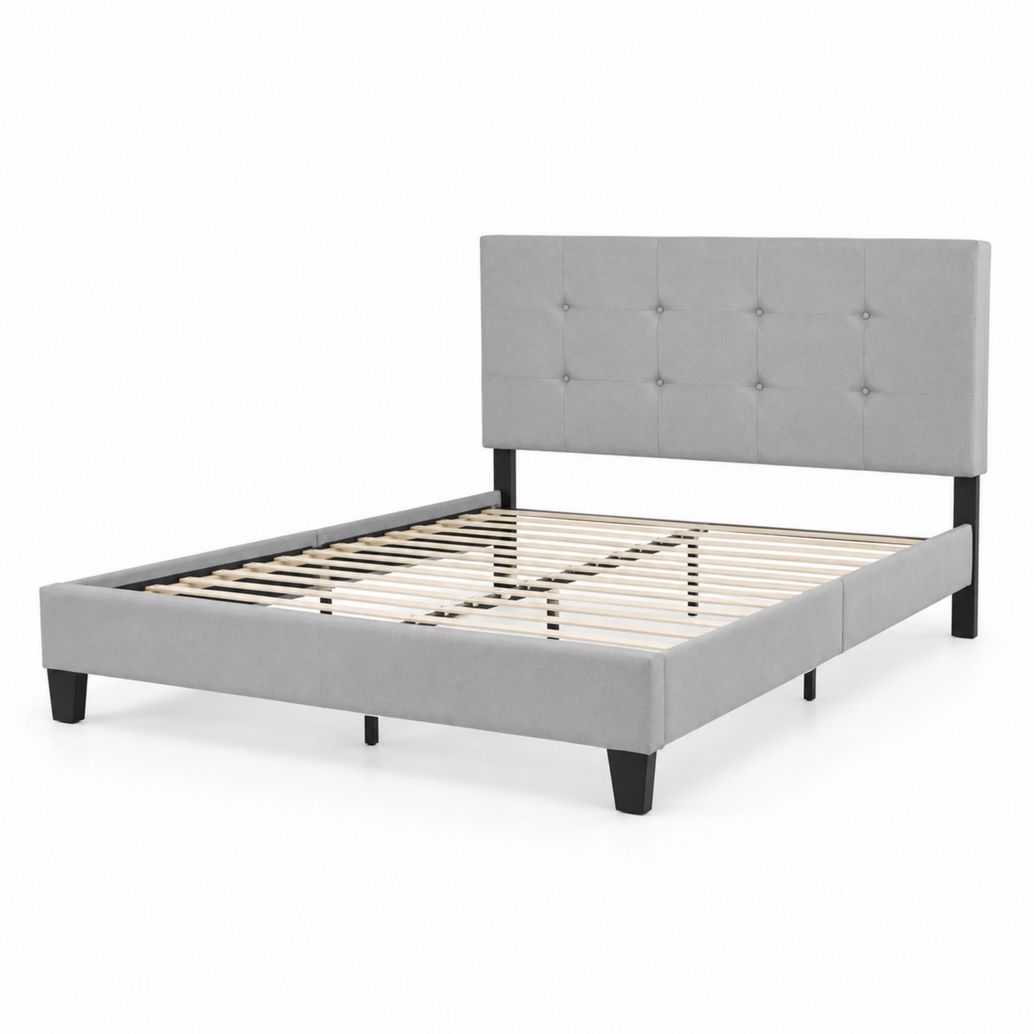 Letto matrimoniale in tessuto grigio con testiera