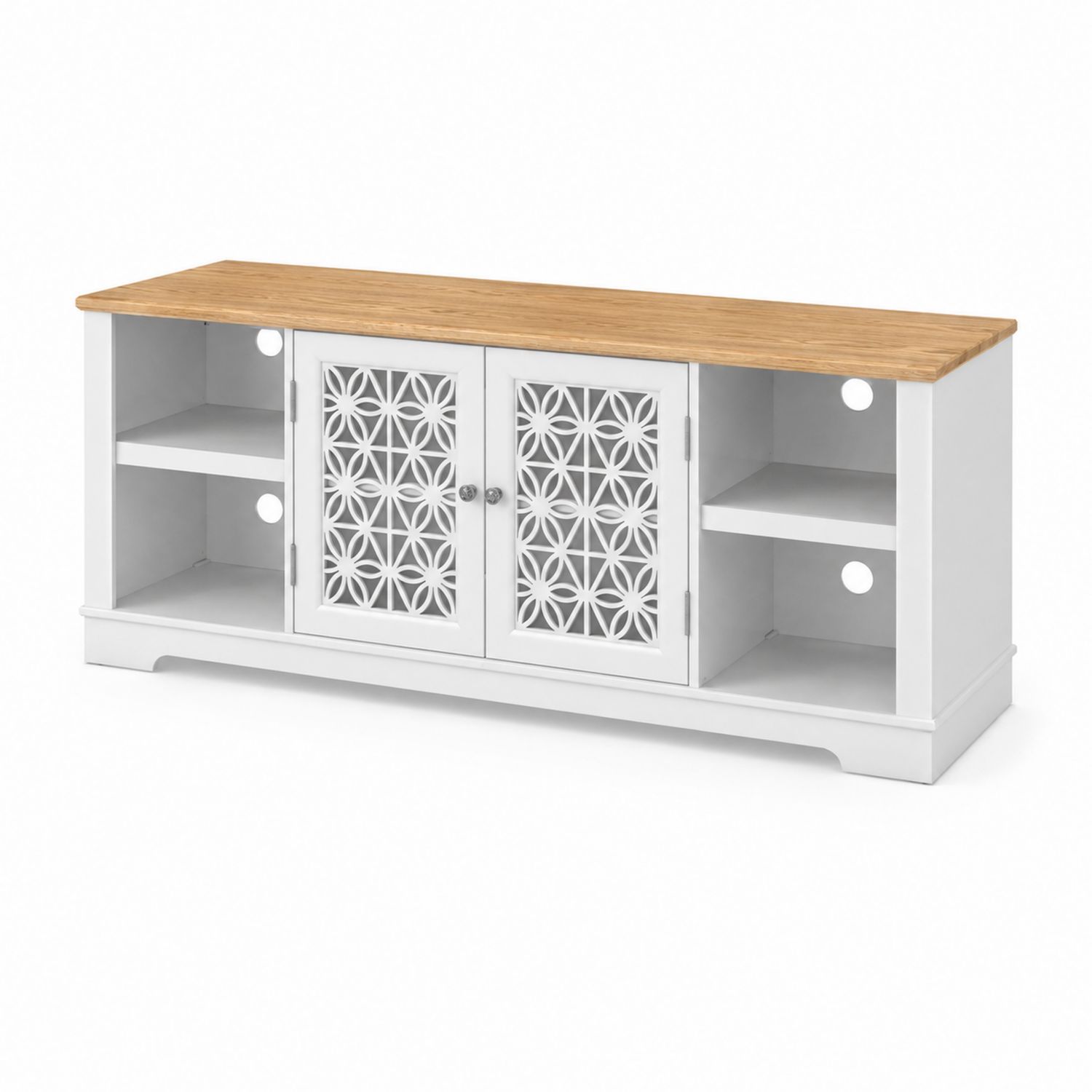 Mobile TV in MDF con Ante Traforate e Ripiani 150x45x60 cm Bianco e Rovere